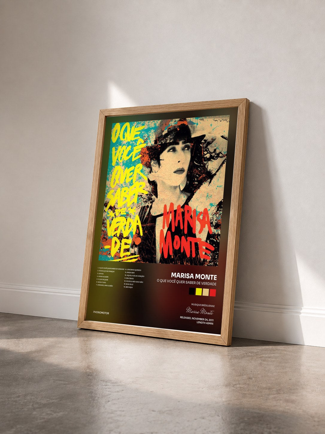 #bois Tableau de l'album O Que Você Quer Saber de Verdade de Marisa Monte vu de trois quarts, cadre en bois brut