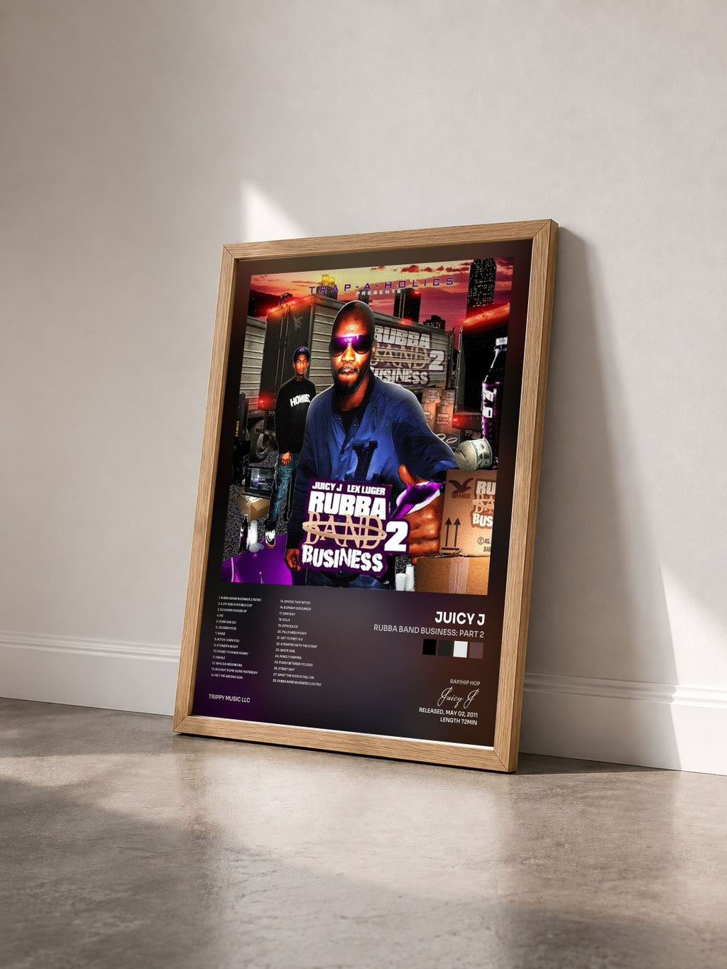 #bois Tableau de l'album Rubba Band Business: Part 2 de Juicy J vu de trois quarts, cadre en bois brut