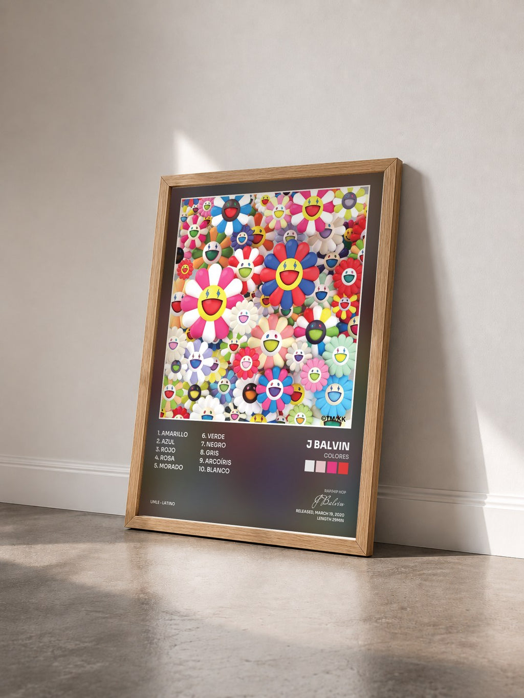 #bois Tableau de l'album Colores de J Balvin vu de trois quarts, cadre en bois brut