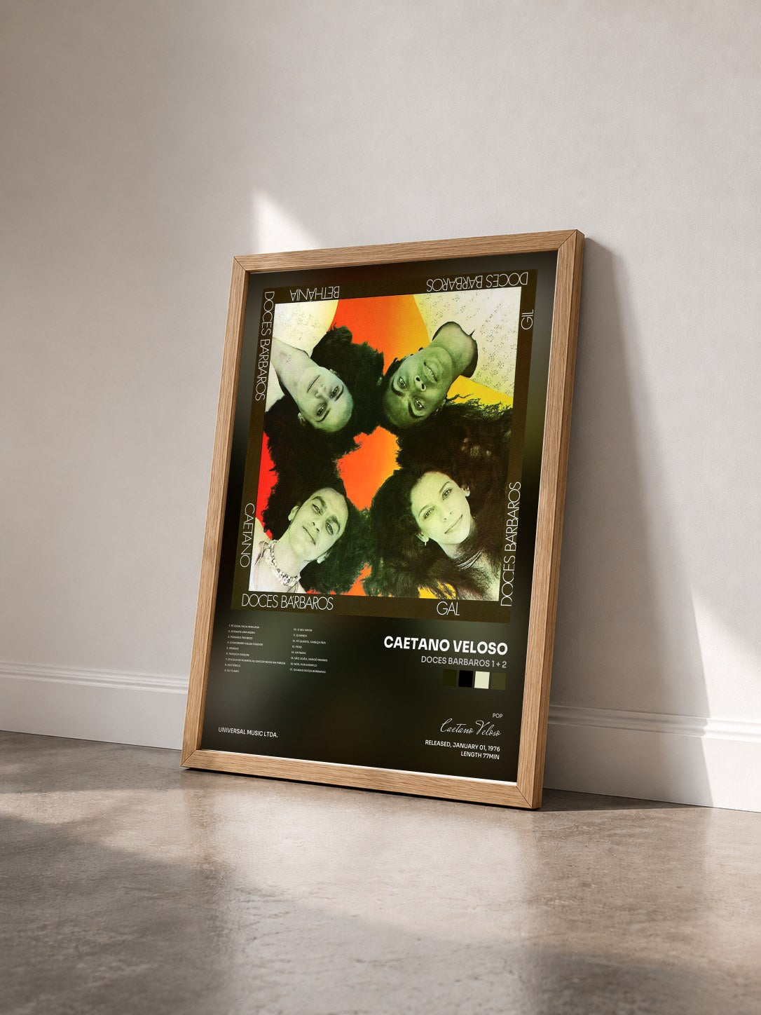 #bois Tableau de l'album Doces Barbaros 1 + 2 de Caetano Veloso vu de trois quarts, cadre en bois brut