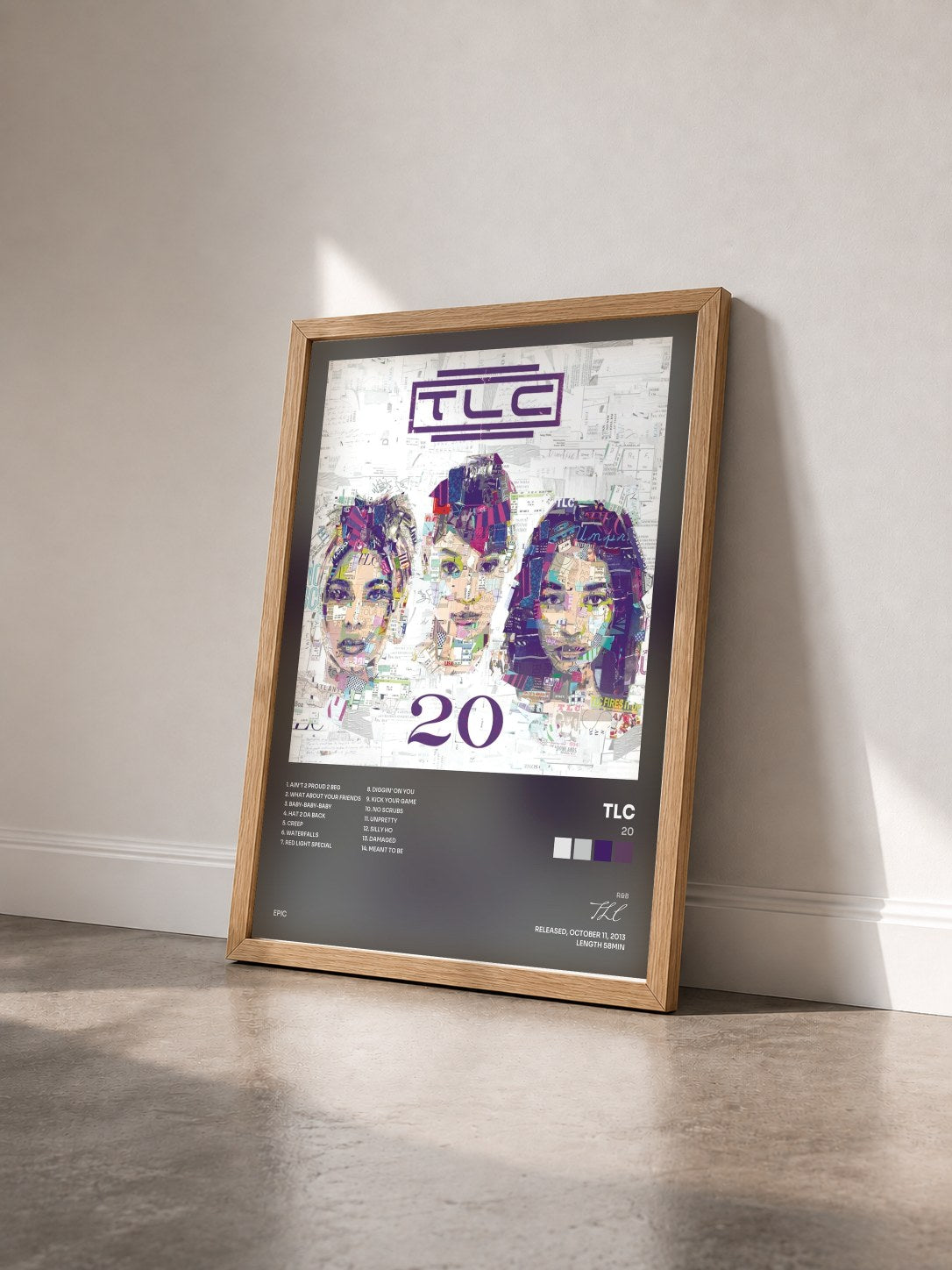 #bois Tableau de l'album 20 de TLC vu de trois quarts, cadre en bois brut