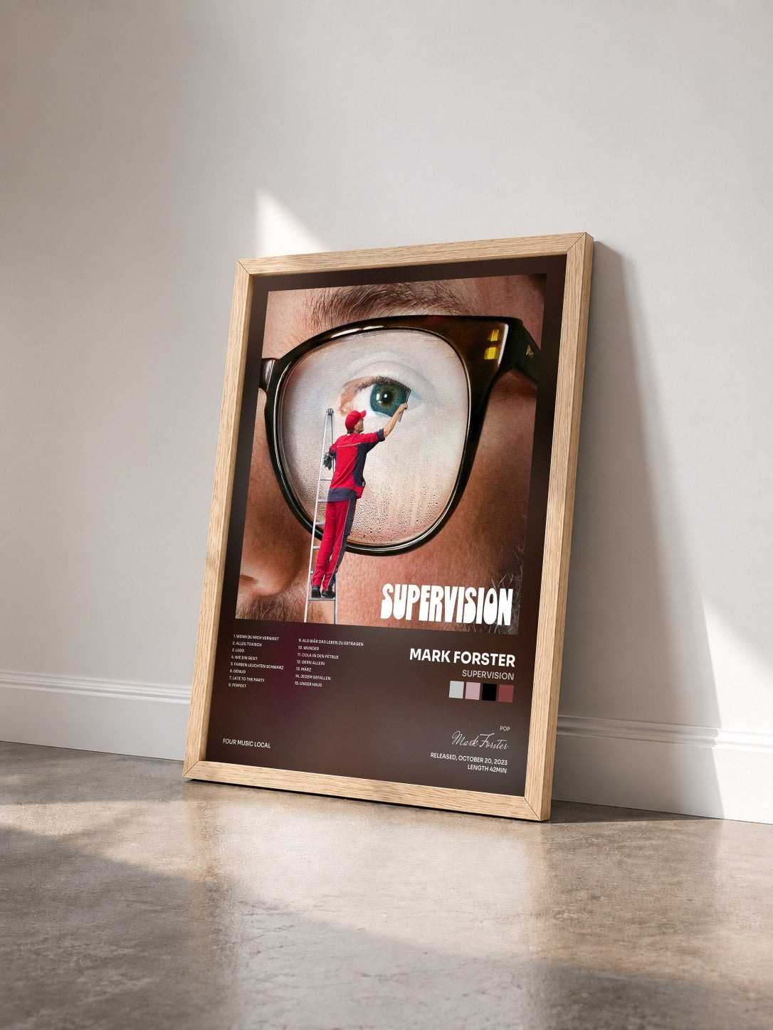 #bois Tableau de l'album SUPERVISION de Mark Forster vu de trois quarts, cadre en bois brut