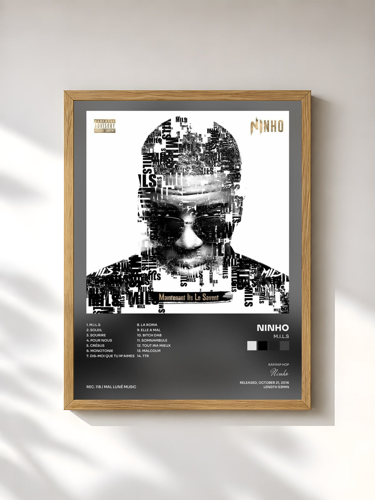 #bois Tableau de l'album M.I.L.S de Ninho, cadre en bois brut, imprimé et encadré en France
