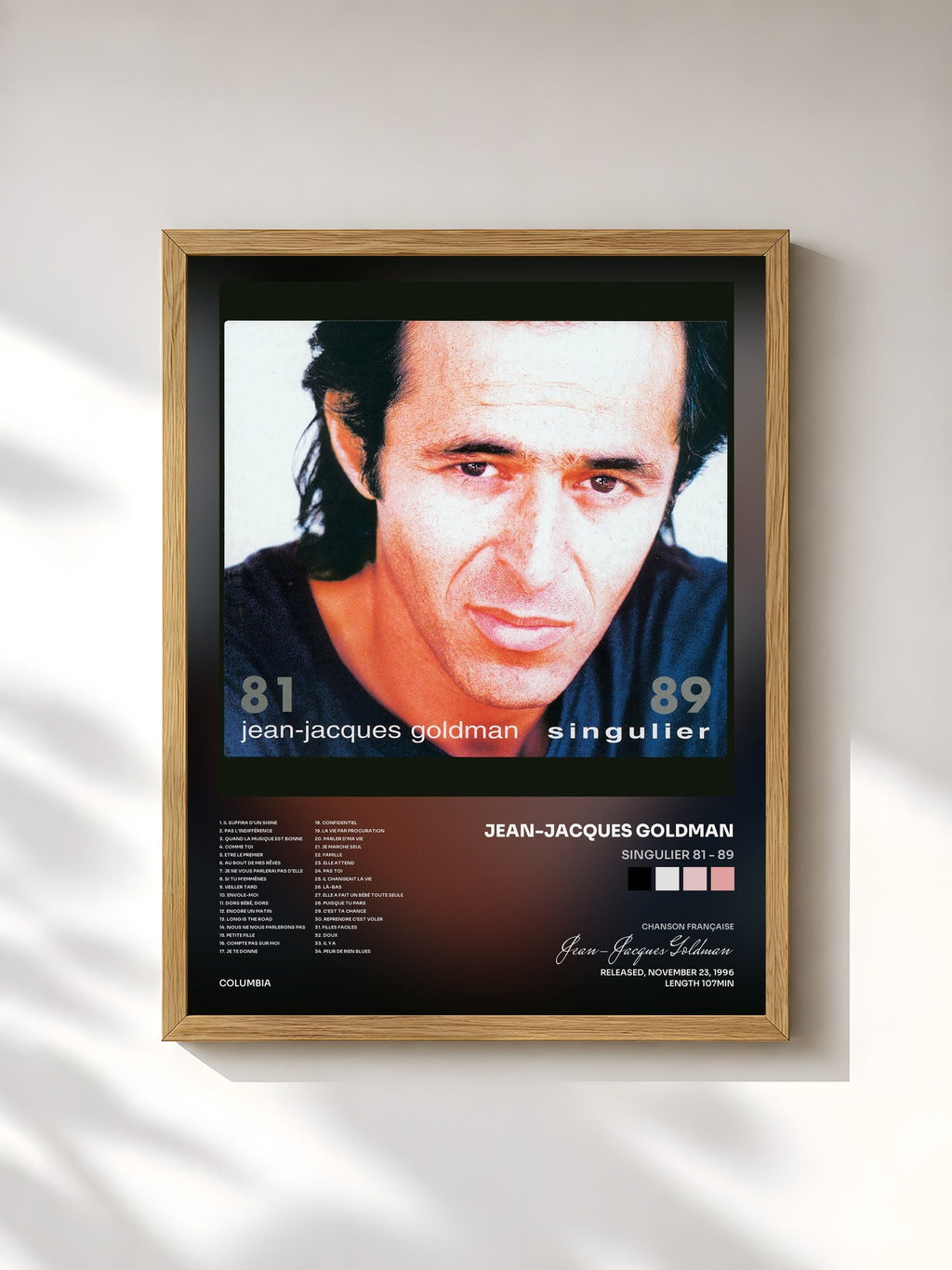 #bois Tableau de l'album Singulier 81 - 89 de Jean-Jacques Goldman, cadre en bois brut, imprimé et encadré en France