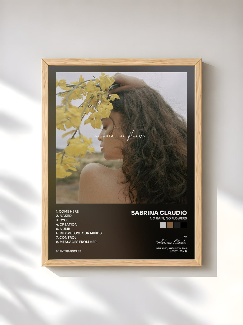 #bois Tableau de l'album No Rain, No Flowers de Sabrina Claudio, cadre en bois brut, imprimé et encadré en France