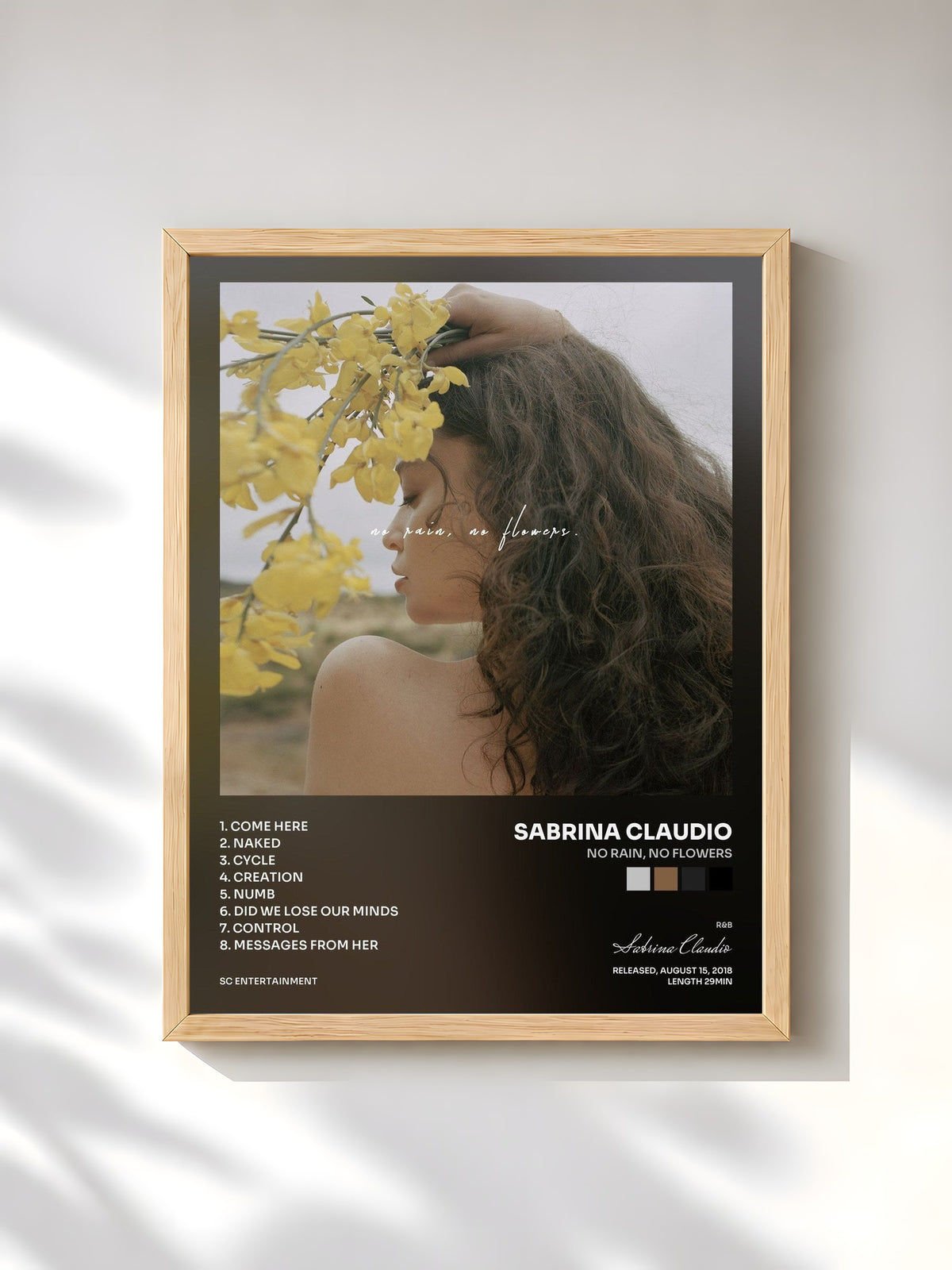 #bois Tableau de l'album No Rain, No Flowers de Sabrina Claudio, cadre en bois brut, imprimé et encadré en France