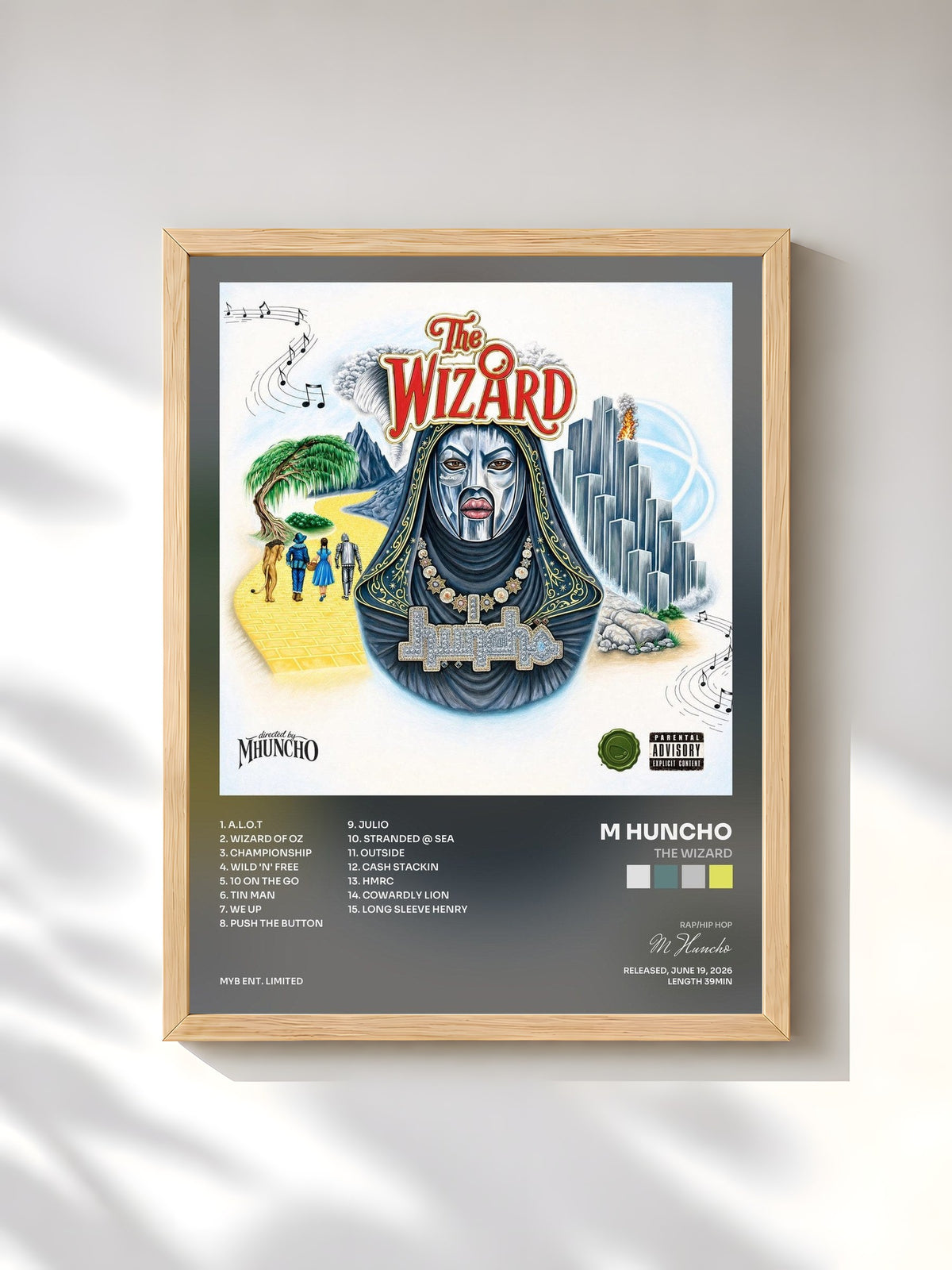 #bois Tableau de l'album THE WIZARD de M Huncho, cadre en bois brut, imprimé et encadré en France