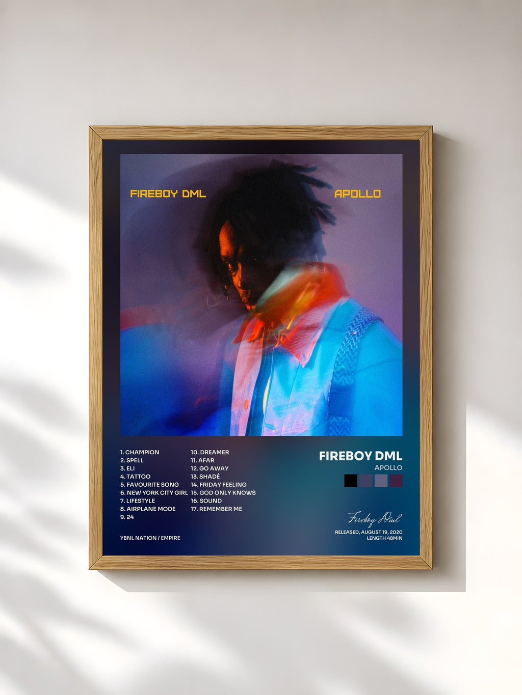 #bois Tableau de l'album APOLLO de Fireboy Dml, cadre en bois brut, imprimé et encadré en France