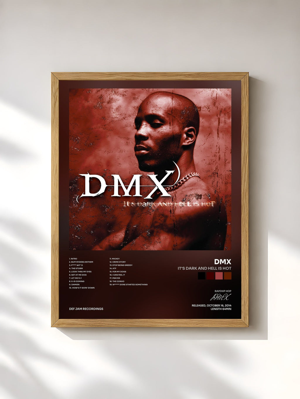 #bois Tableau de l'album It's Dark And Hell Is Hot de DMX, cadre en bois brut, imprimé et encadré en France