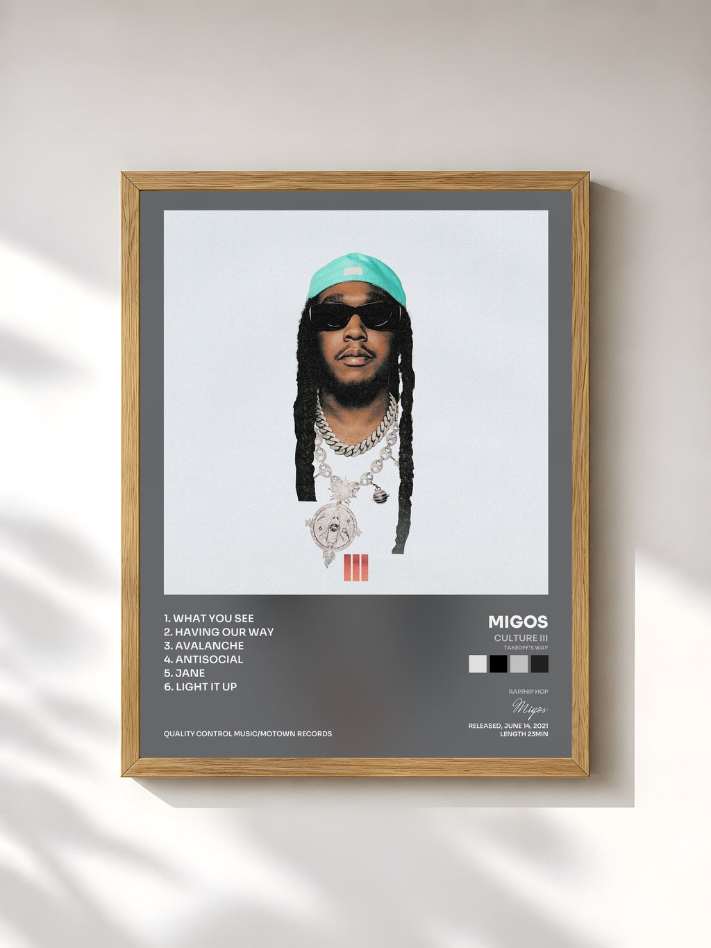 #bois Tableau de l'album Culture III (Takeoff's Way) de Migos, cadre en bois brut, imprimé et encadré en France