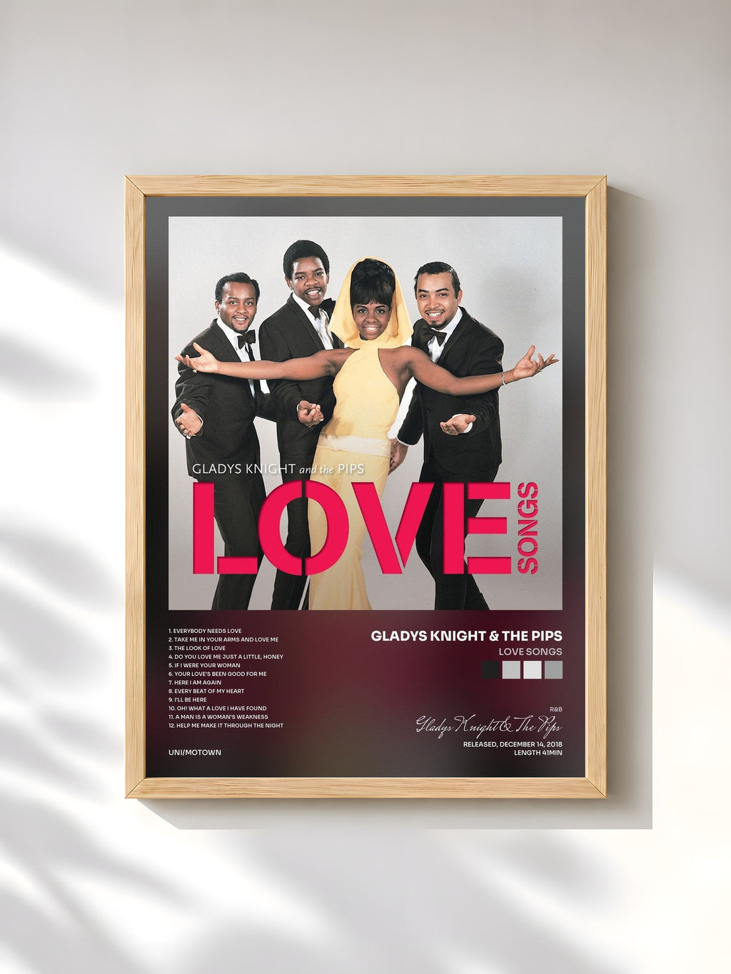 #bois Tableau de l'album Love Songs de Gladys Knight & The Pips, cadre en bois brut, imprimé et encadré en France
