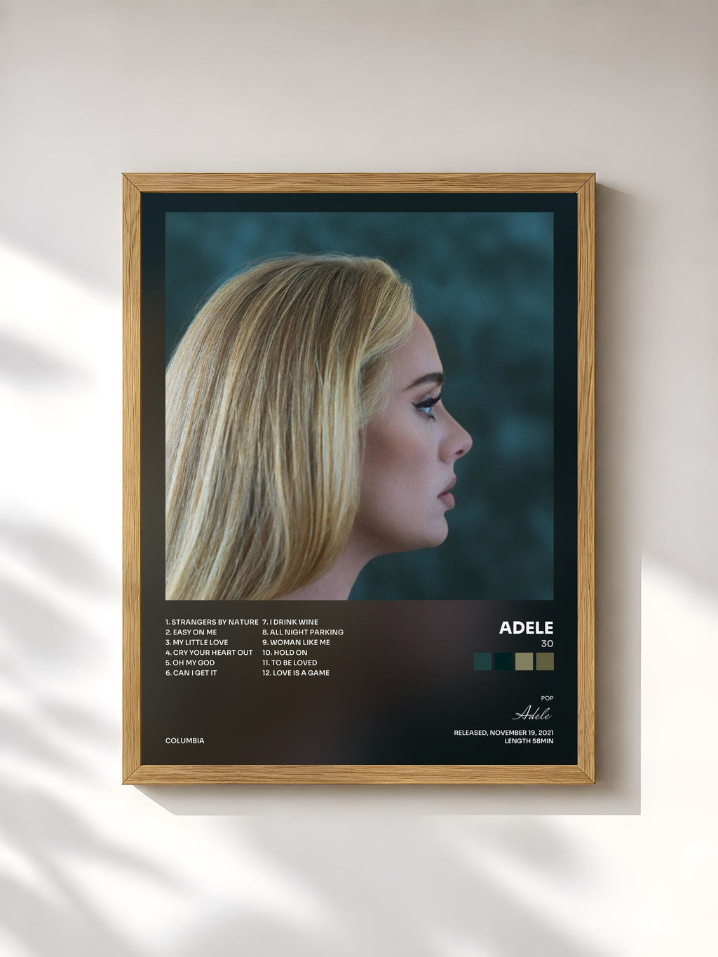#bois Tableau de l'album 30 de Adele, cadre en bois brut, imprimé et encadré en France
