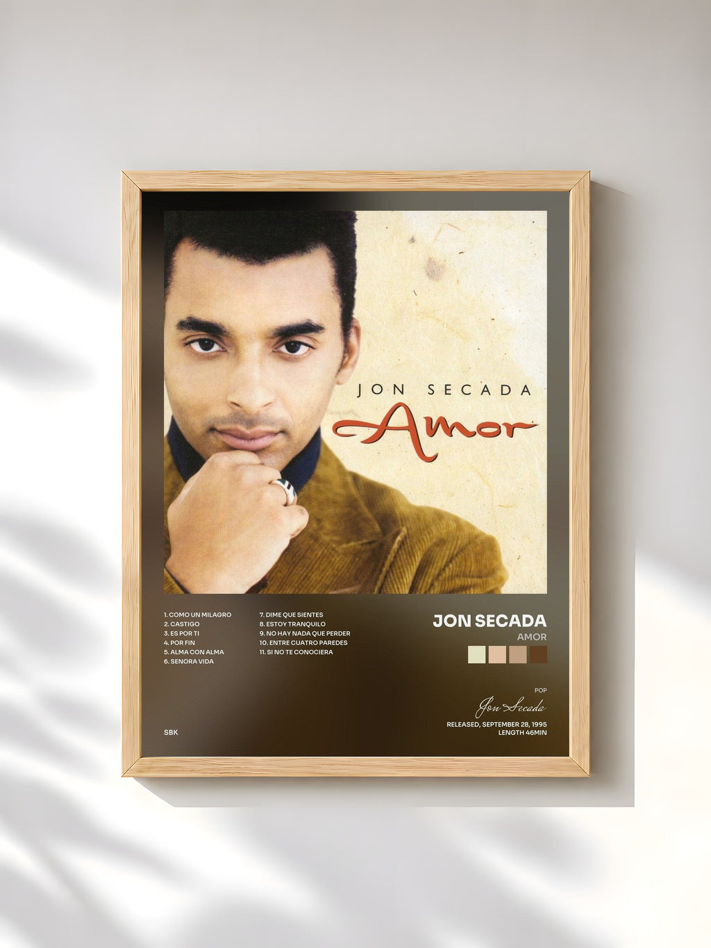 #bois Tableau de l'album Amor de Jon Secada, cadre en bois brut, imprimé et encadré en France