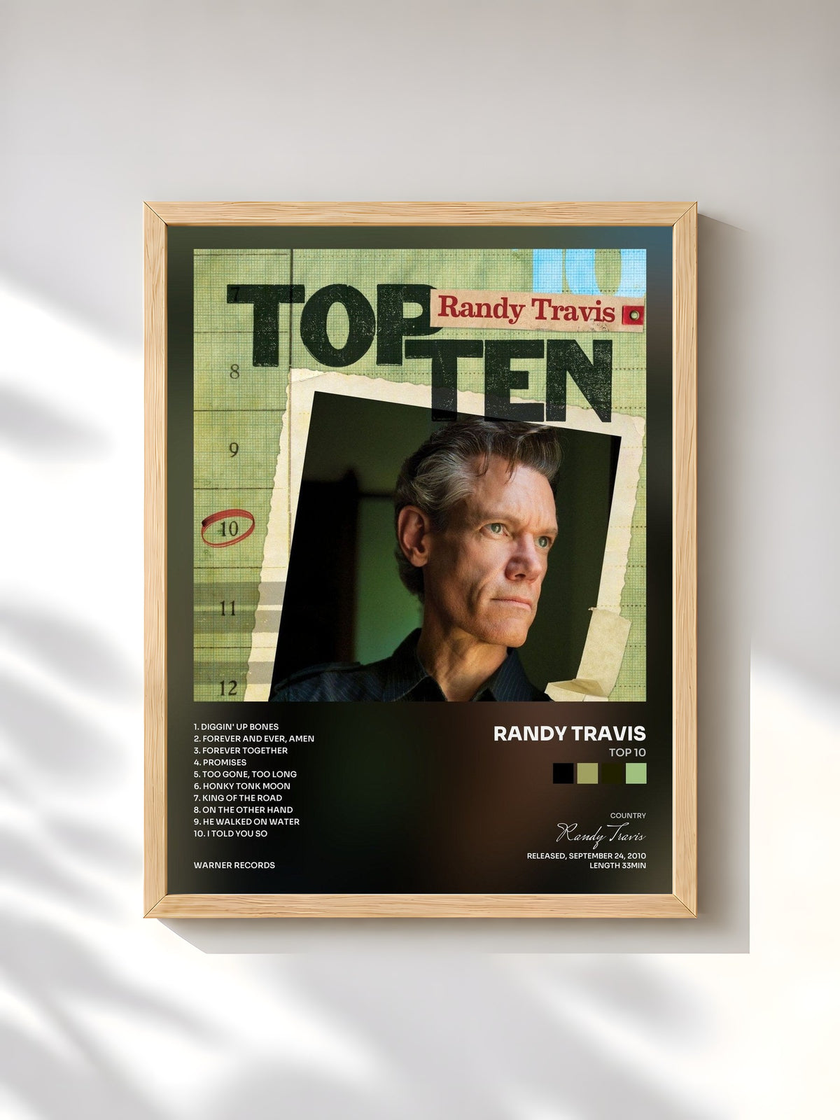 #bois Tableau de l'album Top 10 de Randy Travis, cadre en bois brut, imprimé et encadré en France