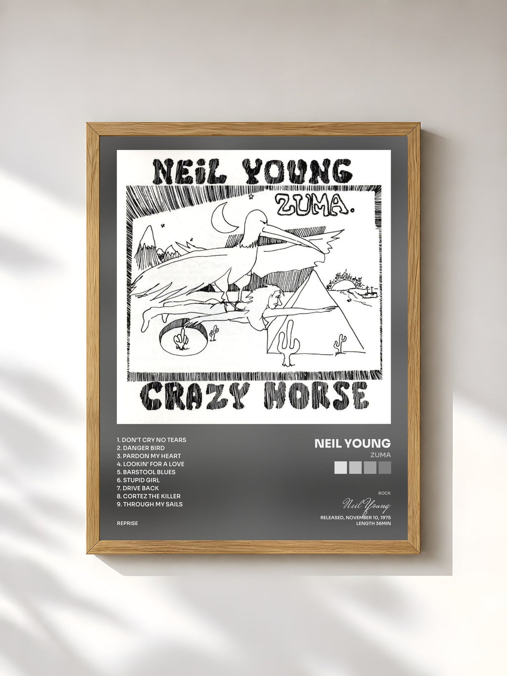 #bois Tableau de l'album Zuma de Neil Young, cadre en bois brut, imprimé et encadré en France