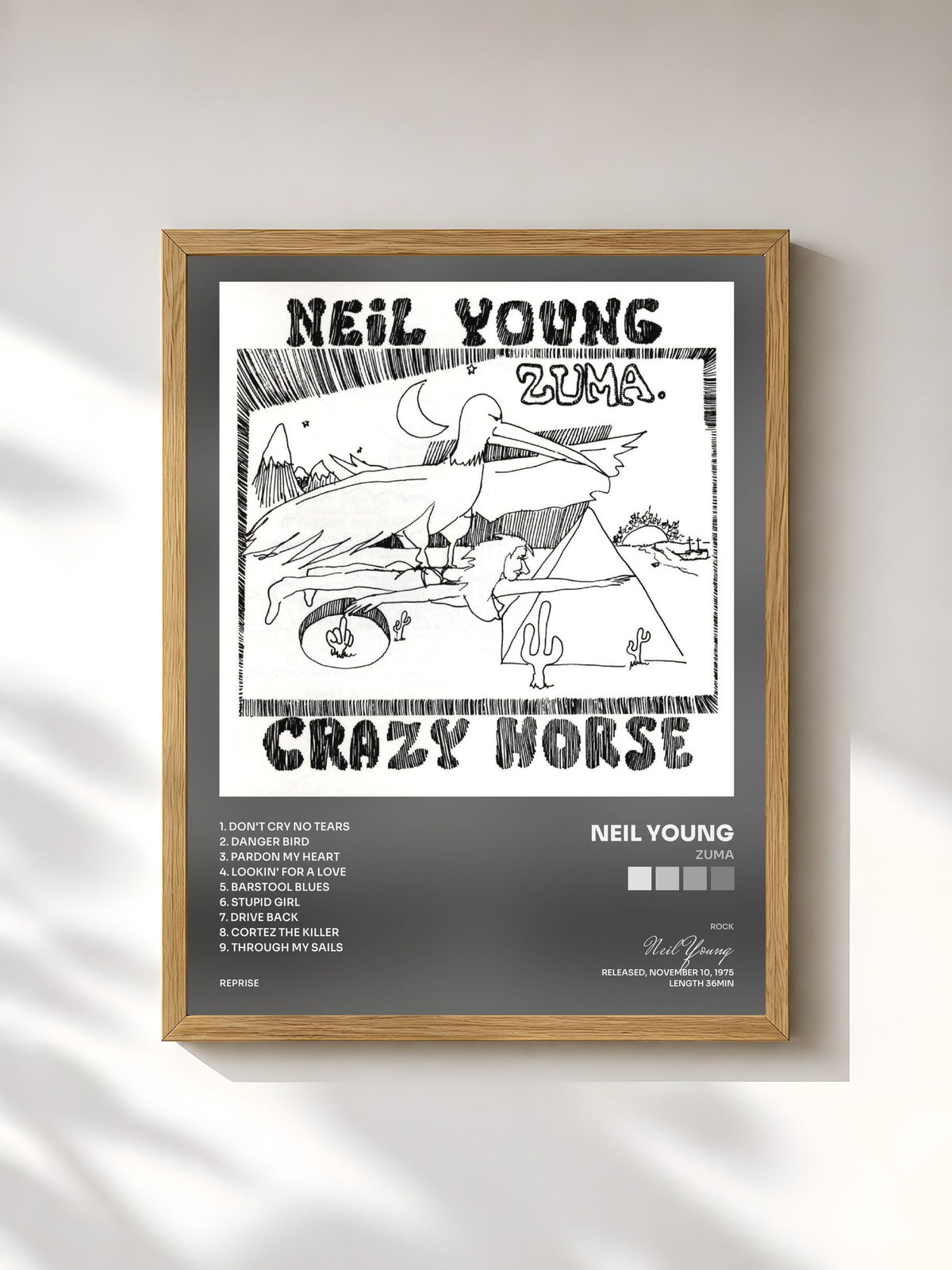#bois Tableau de l'album Zuma de Neil Young, cadre en bois brut, imprimé et encadré en France