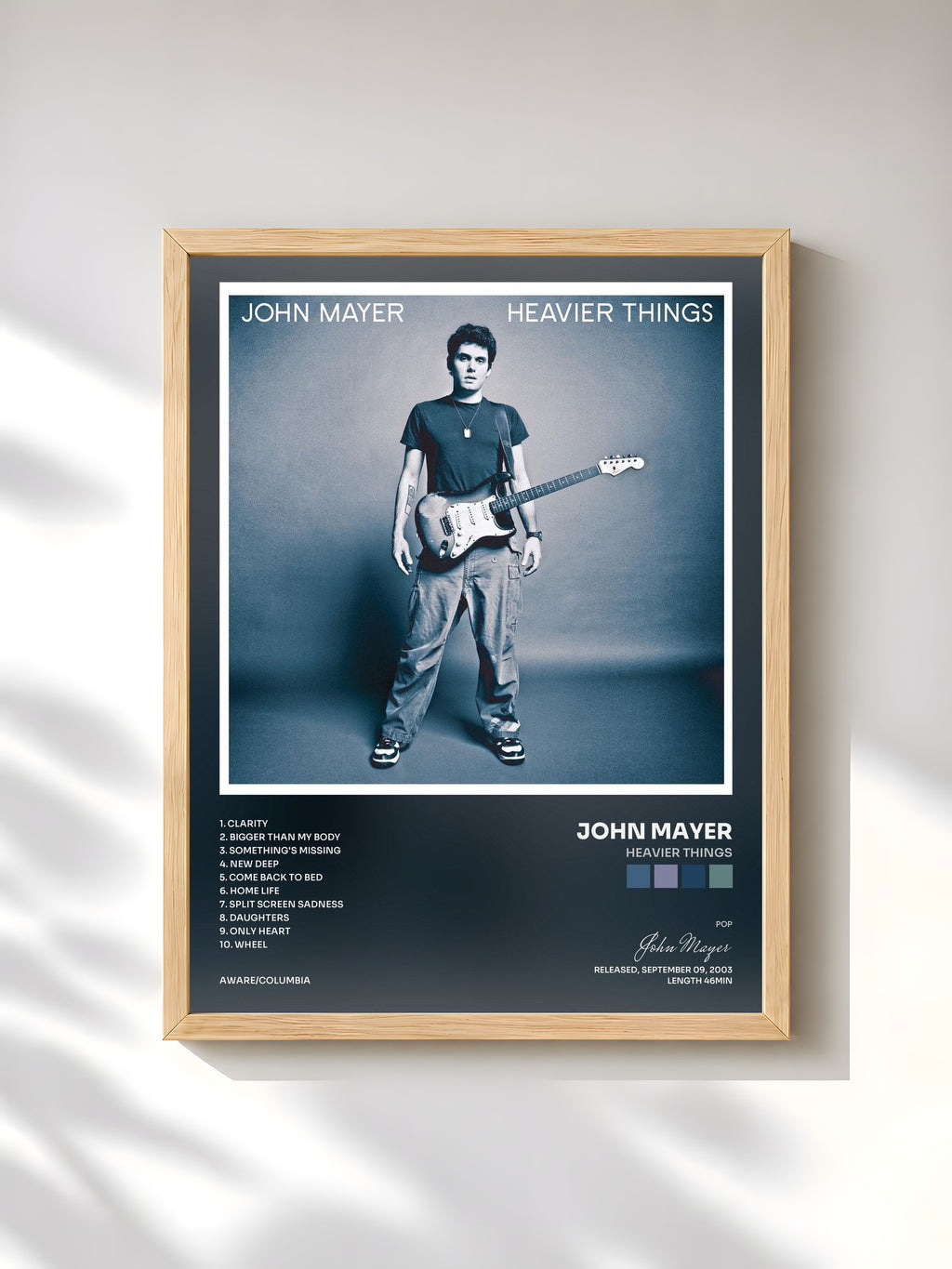 #bois Tableau de l'album Heavier Things de John Mayer, cadre en bois brut, imprimé et encadré en France