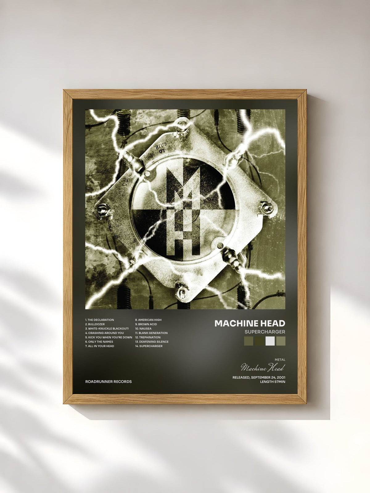 #bois Tableau de l'album Supercharger de Machine Head, cadre en bois brut, imprimé et encadré en France