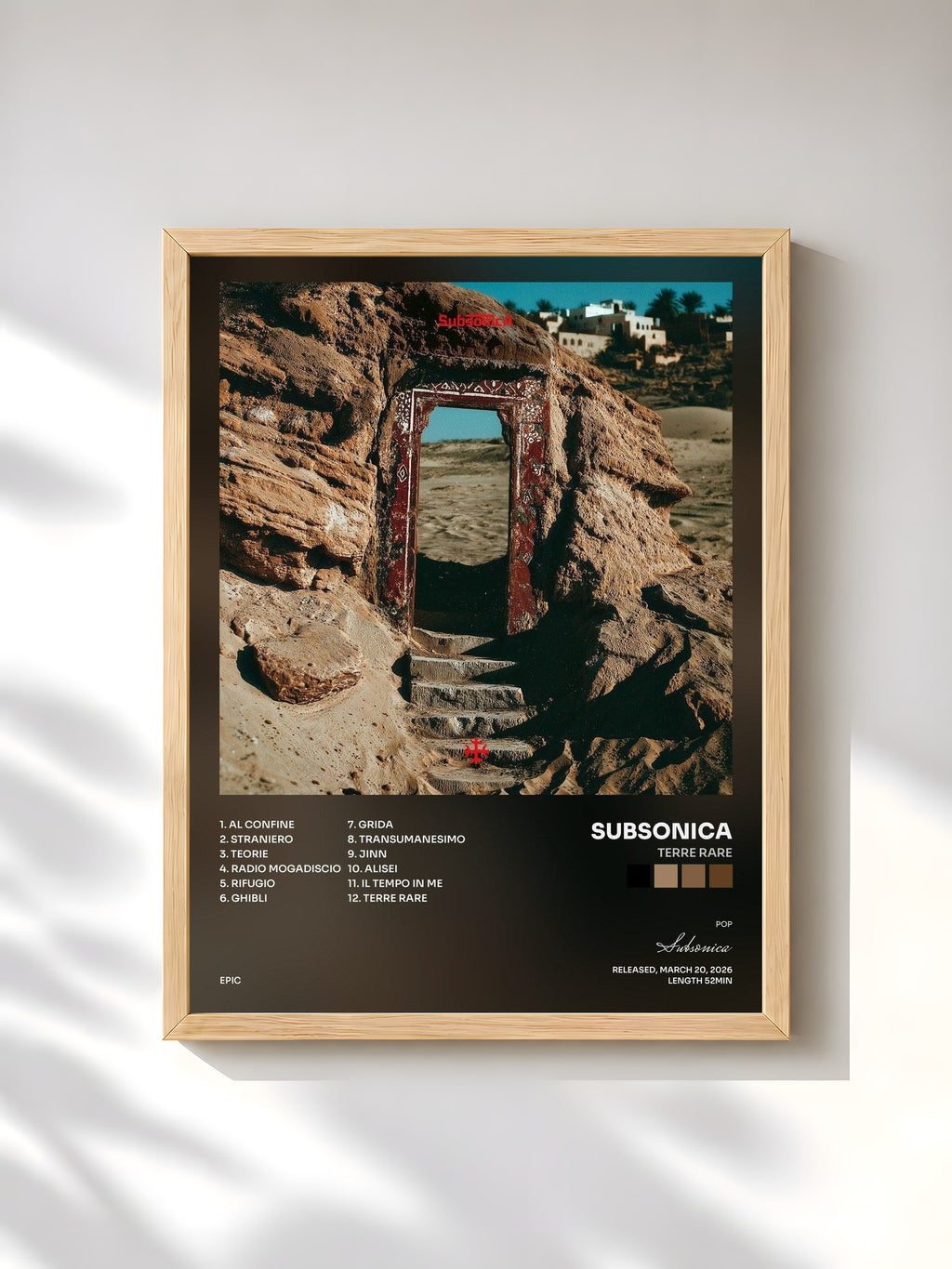#bois Tableau de l'album Terre Rare de Subsonica, cadre en bois brut, imprimé et encadré en France
