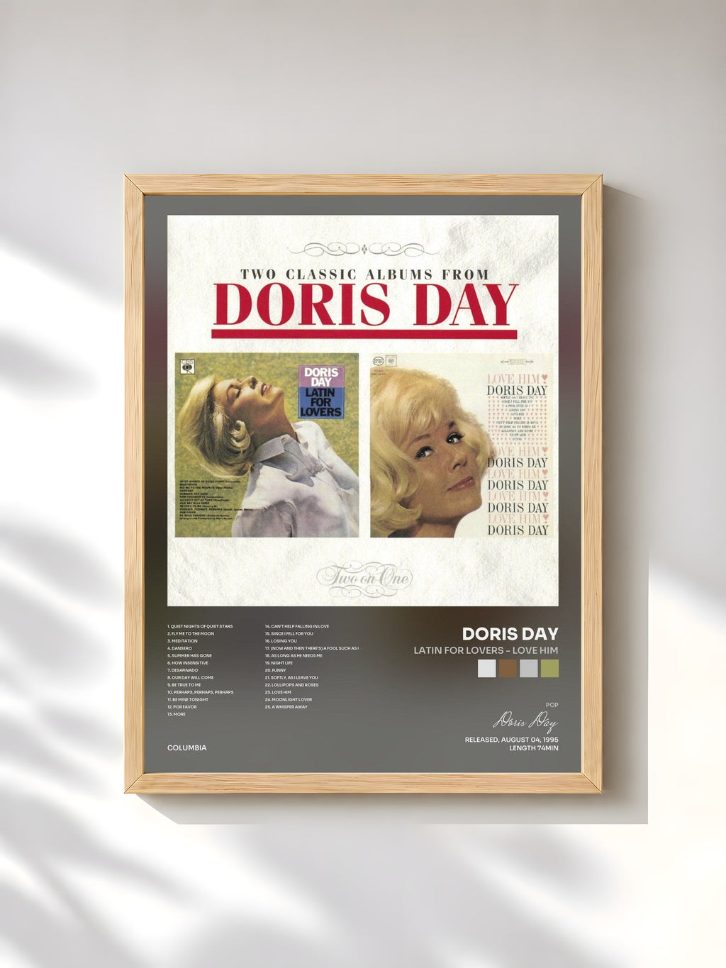 #bois Tableau de l'album LATIN FOR LOVERS - LOVE HIM de Doris Day, cadre en bois brut, imprimé et encadré en France