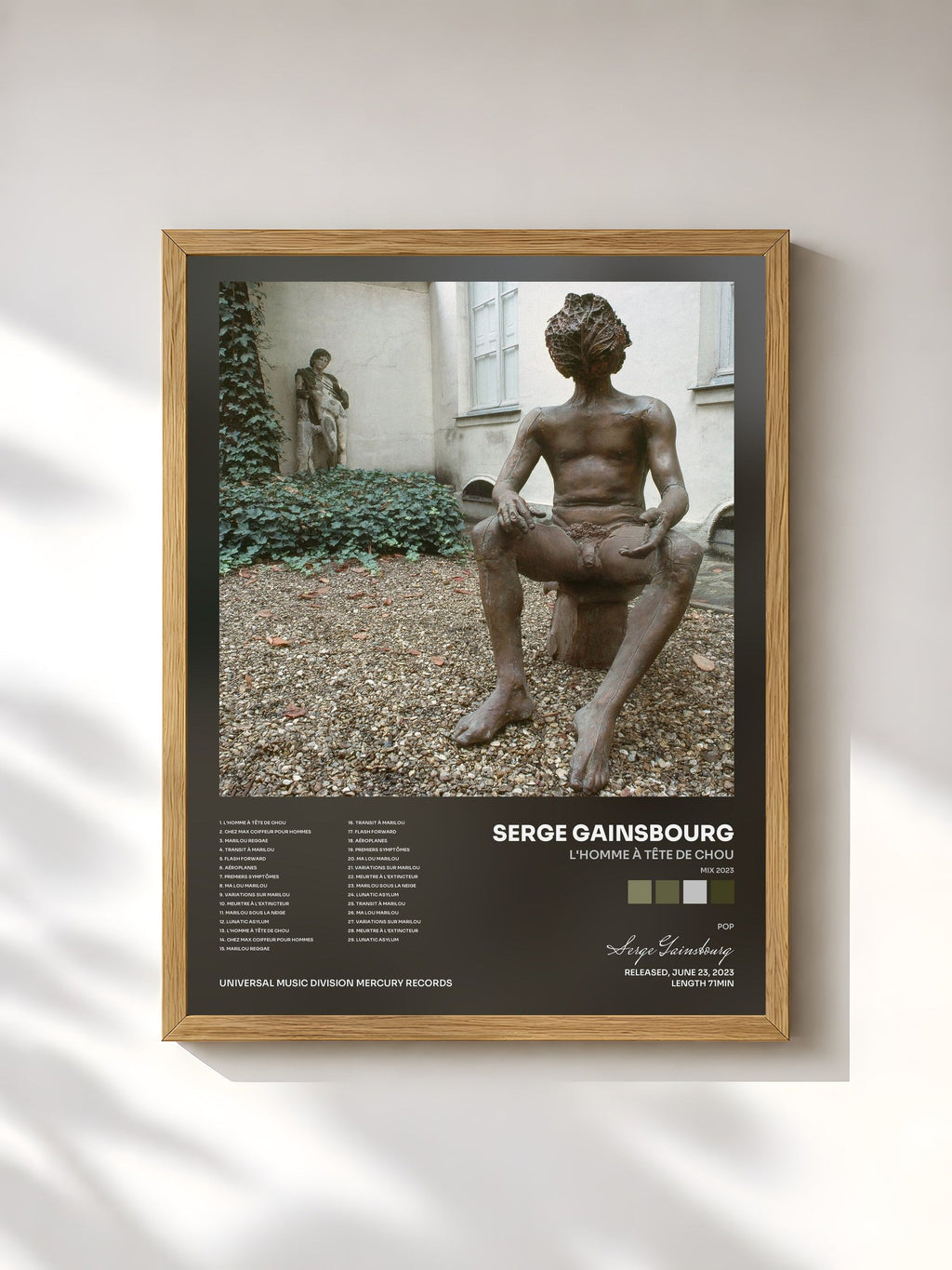 #bois Tableau de l'album L'homme à tête de chou (Mix 2023) de Serge Gainsbourg, cadre en bois brut, imprimé et encadré en France