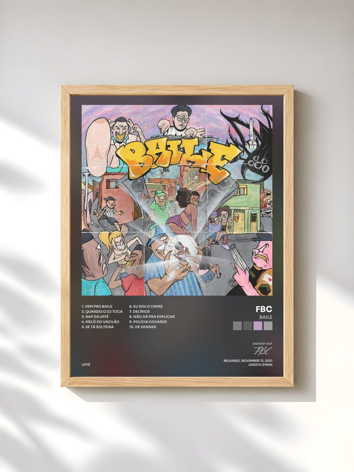 #bois Tableau de l'album BAILE de FBC, cadre en bois brut, imprimé et encadré en France
