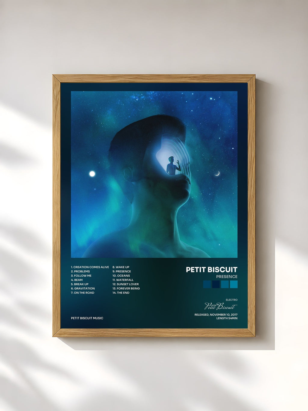 #bois Tableau de l'album Presence de Petit Biscuit, cadre en bois brut, imprimé et encadré en France
