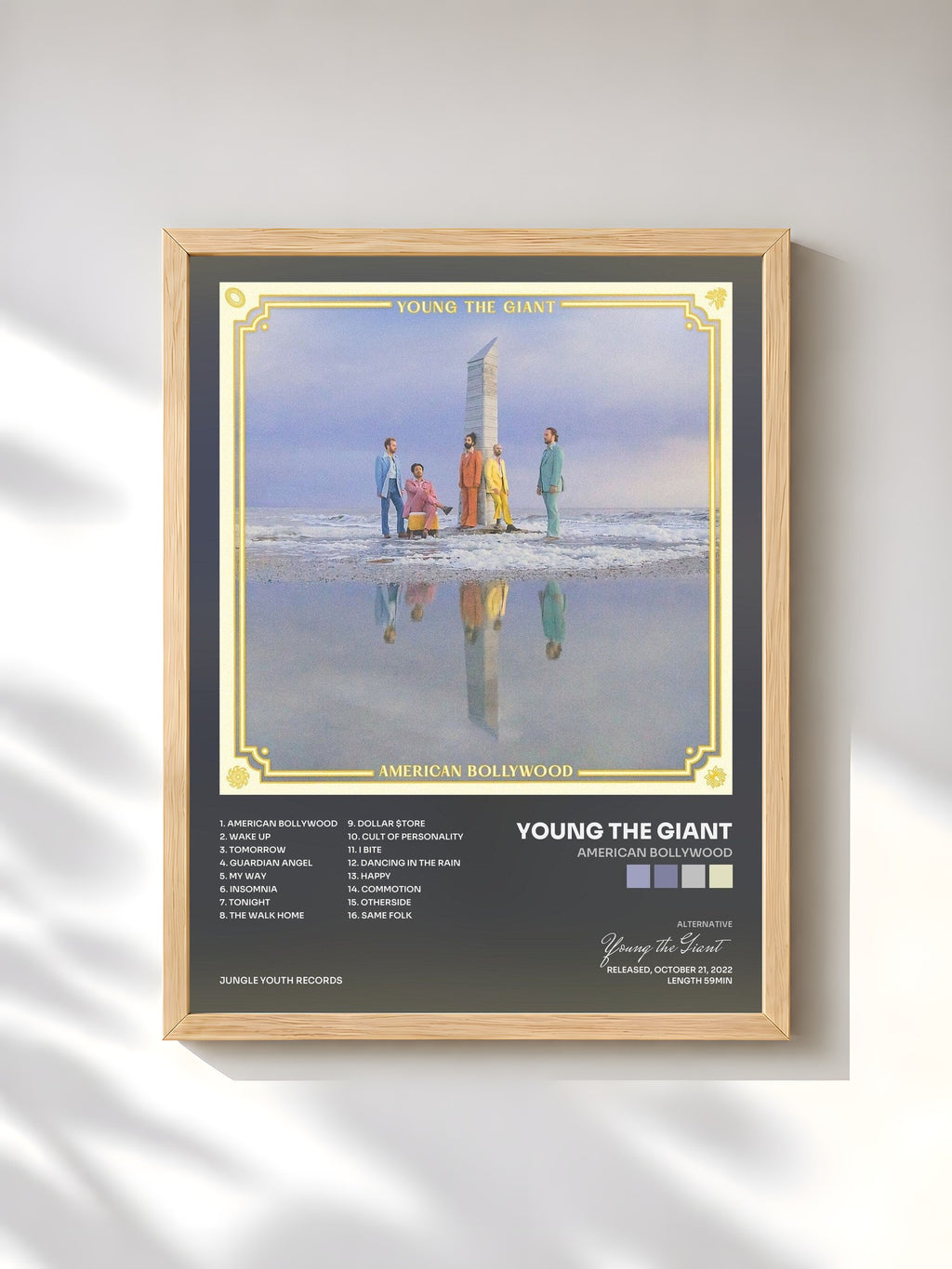 #bois Tableau de l'album American Bollywood de Young the Giant, cadre en bois brut, imprimé et encadré en France