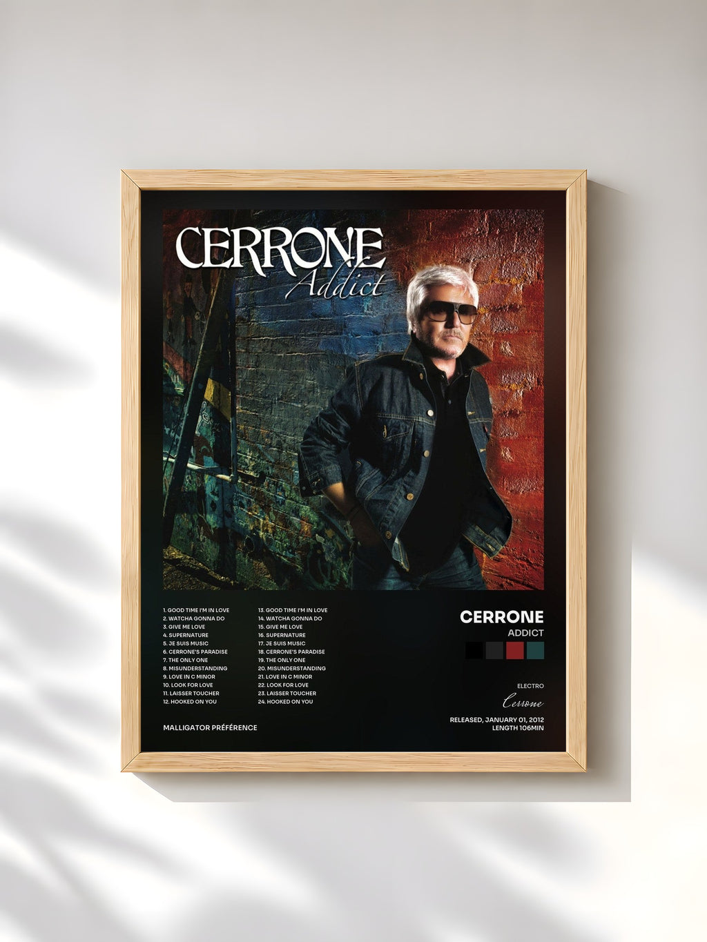 #bois Tableau de l'album Addict de Cerrone, cadre en bois brut, imprimé et encadré en France