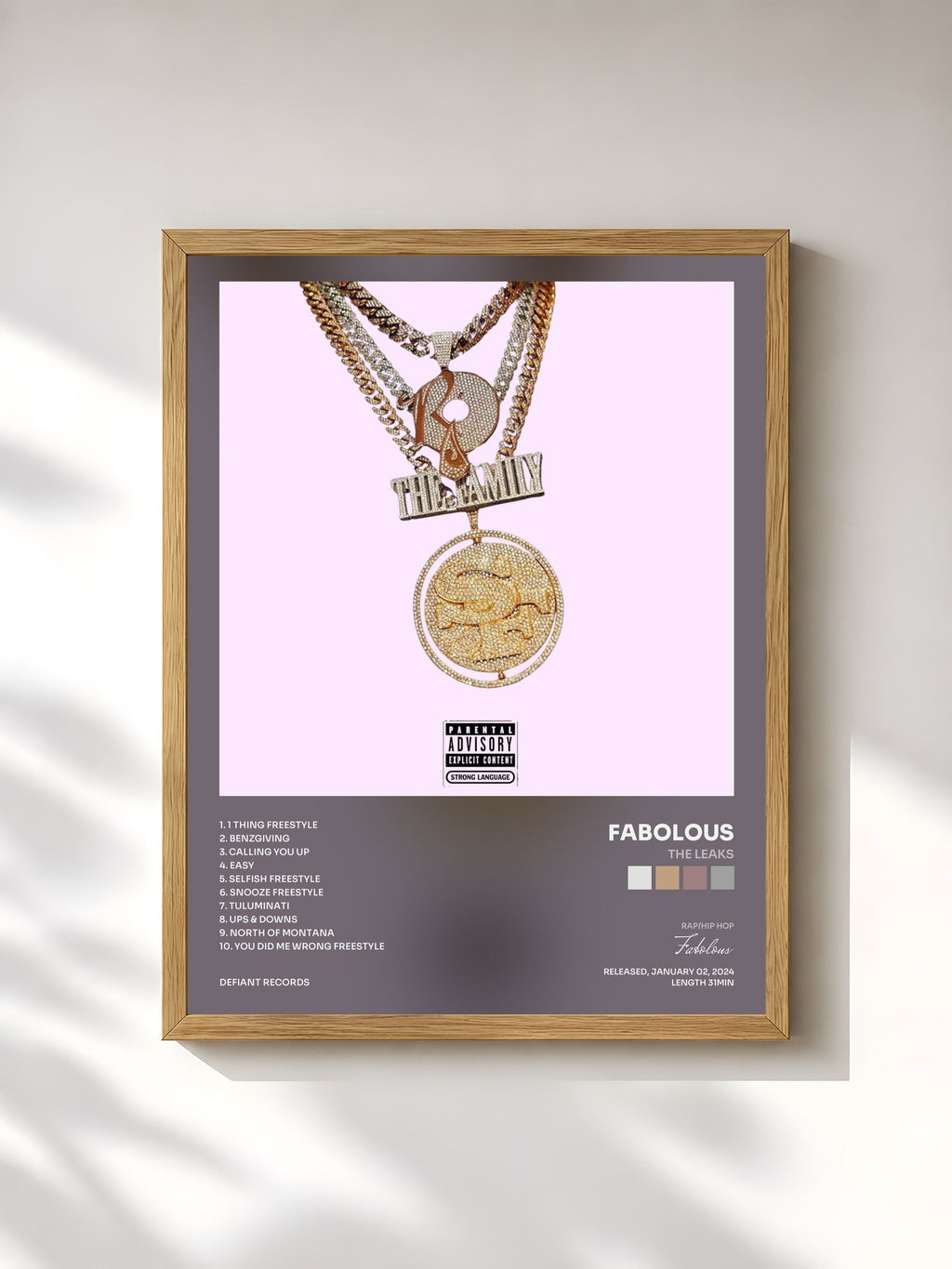 #bois Tableau de l'album The Leaks de Fabolous, cadre en bois brut, imprimé et encadré en France