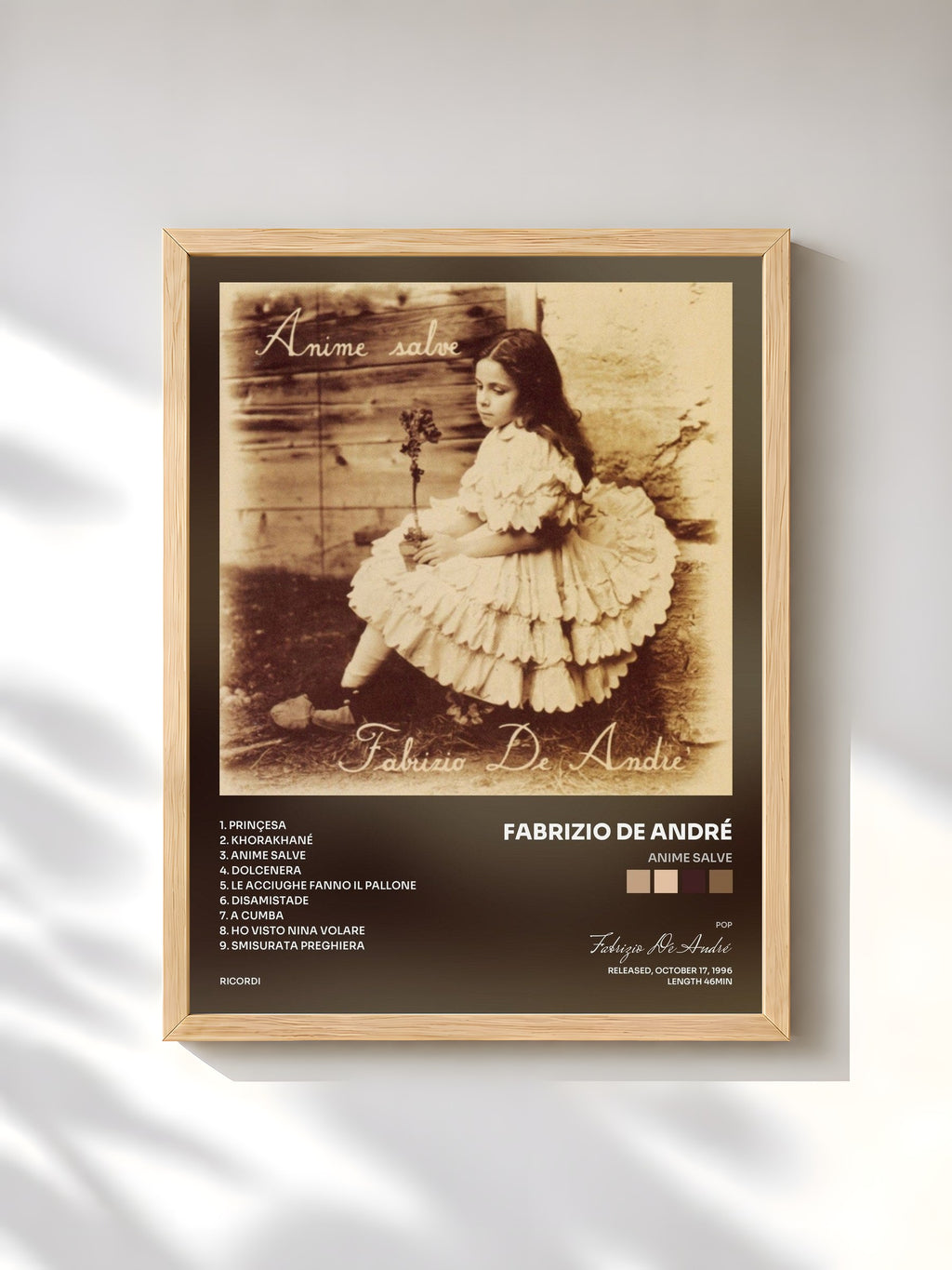 #bois Tableau de l'album Anime Salve de Fabrizio De André, cadre en bois brut, imprimé et encadré en France