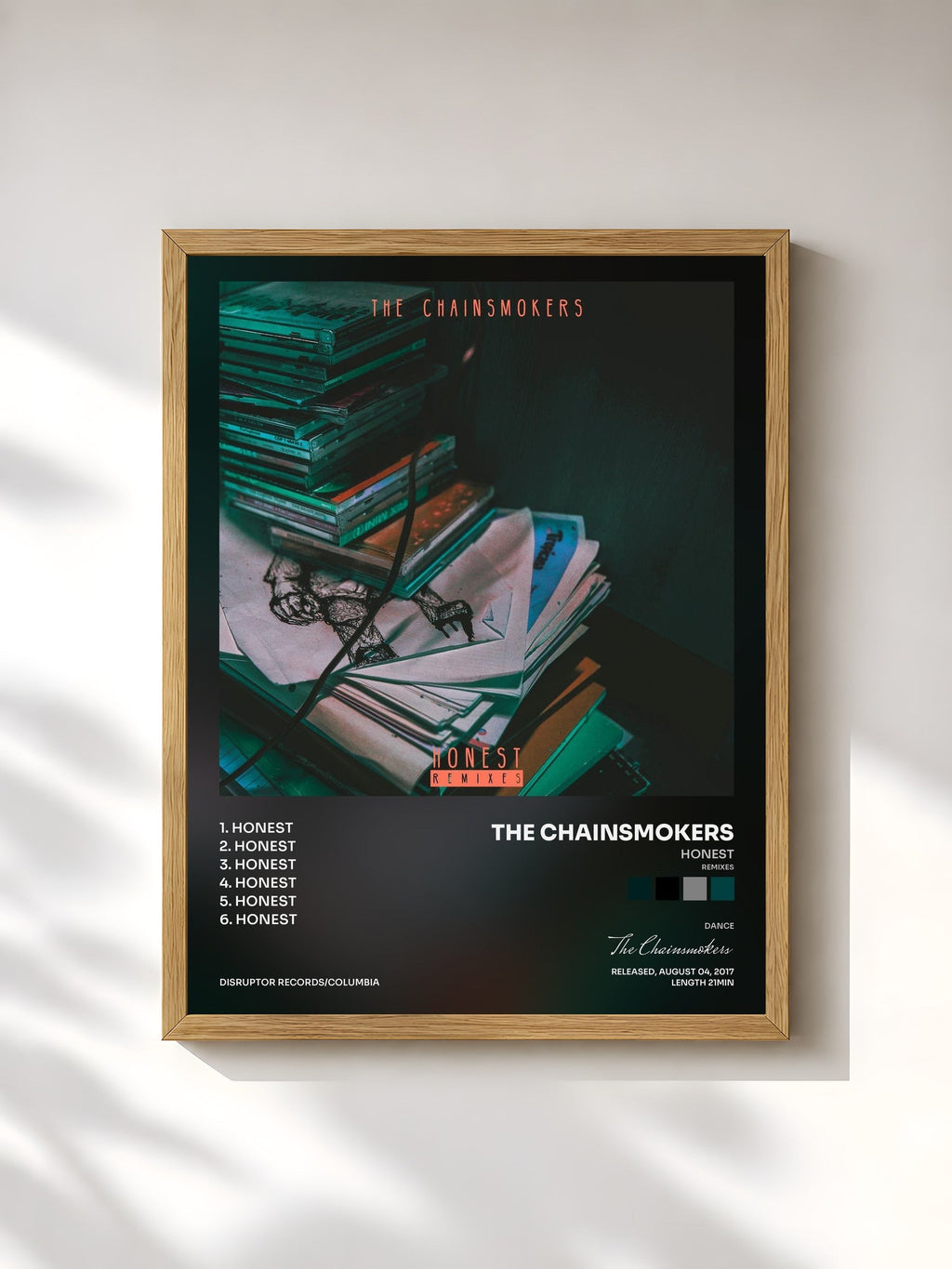 #bois Tableau de l'album Honest (Remixes) de The Chainsmokers, cadre en bois brut, imprimé et encadré en France
