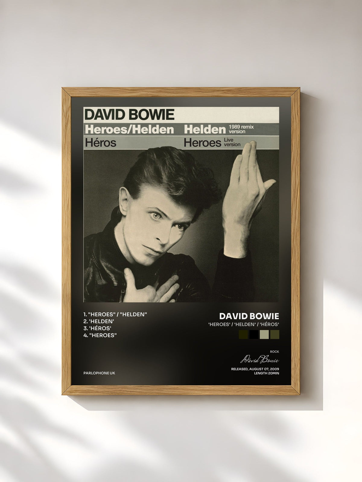 #bois Tableau de l'album 'Heroes' / 'Helden' / 'Héros' de David Bowie, cadre en bois brut, imprimé et encadré en France