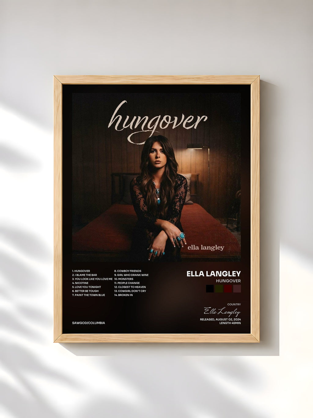 #bois Tableau de l'album hungover de Ella Langley, cadre en bois brut, imprimé et encadré en France