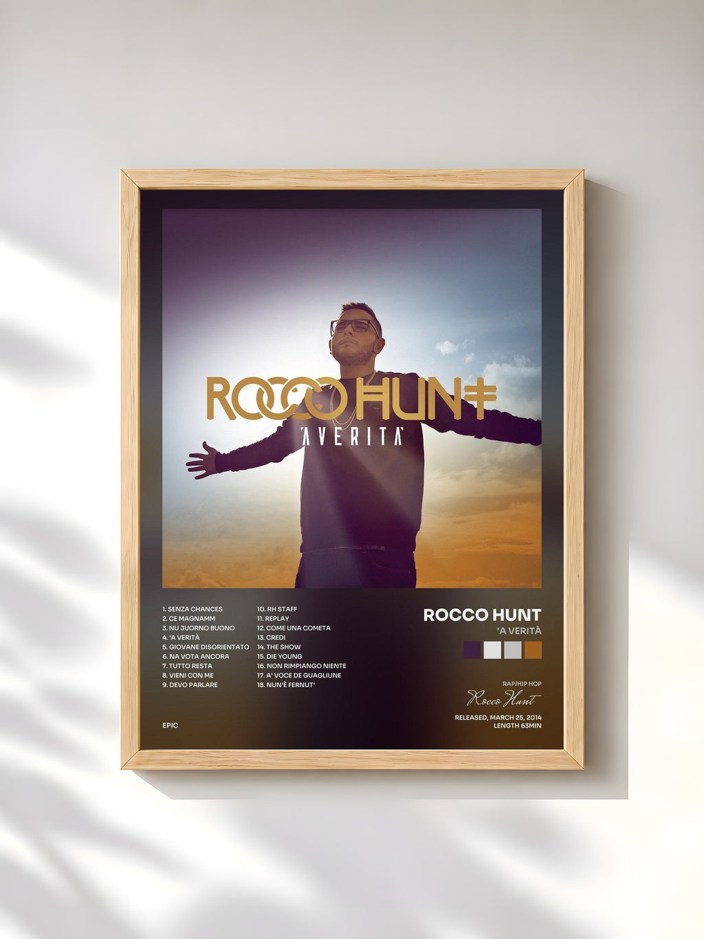 #bois Tableau de l'album 'A verità de Rocco Hunt, cadre en bois brut, imprimé et encadré en France
