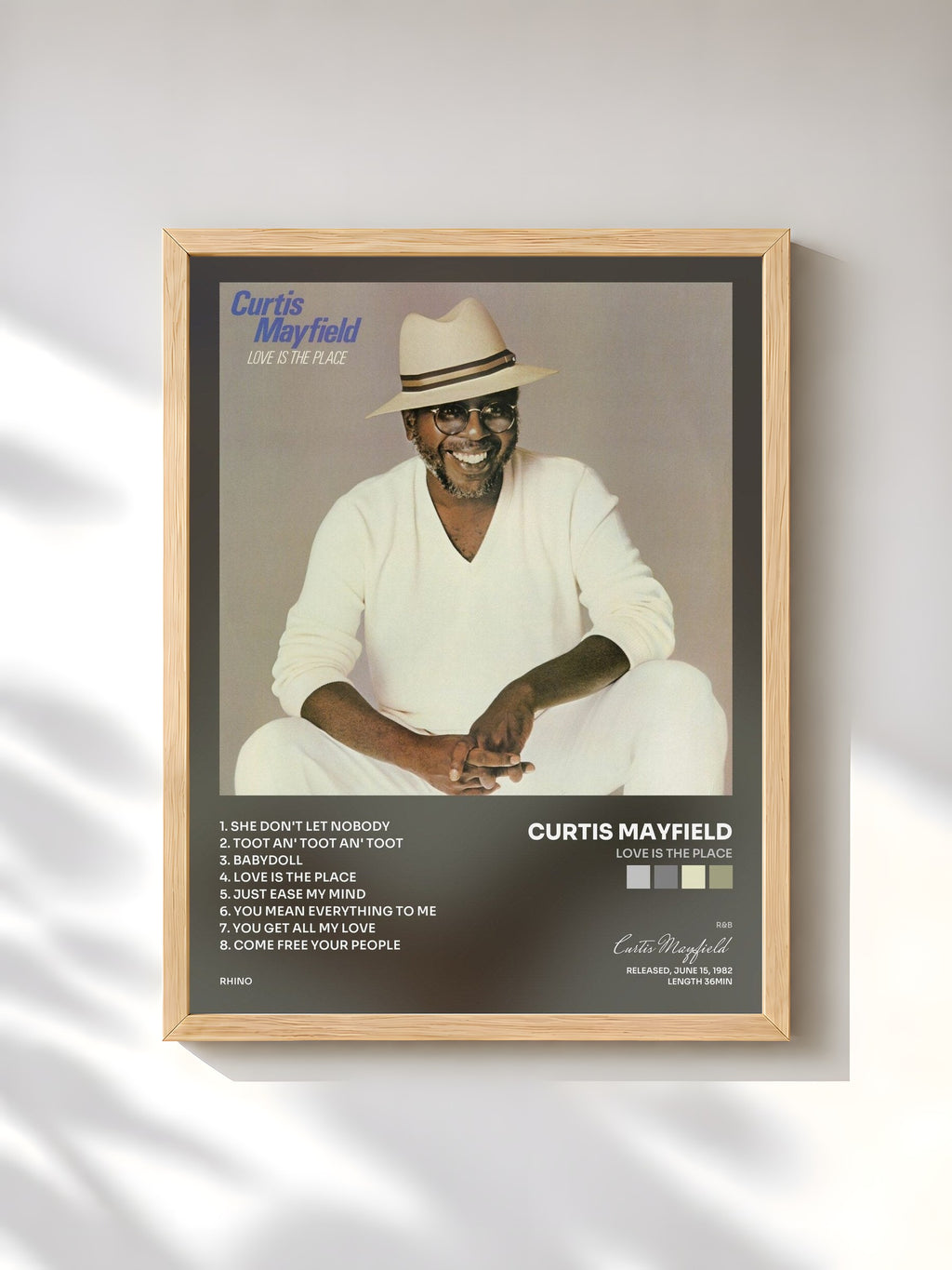 #bois Tableau de l'album Love Is the Place de Curtis Mayfield, cadre en bois brut, imprimé et encadré en France