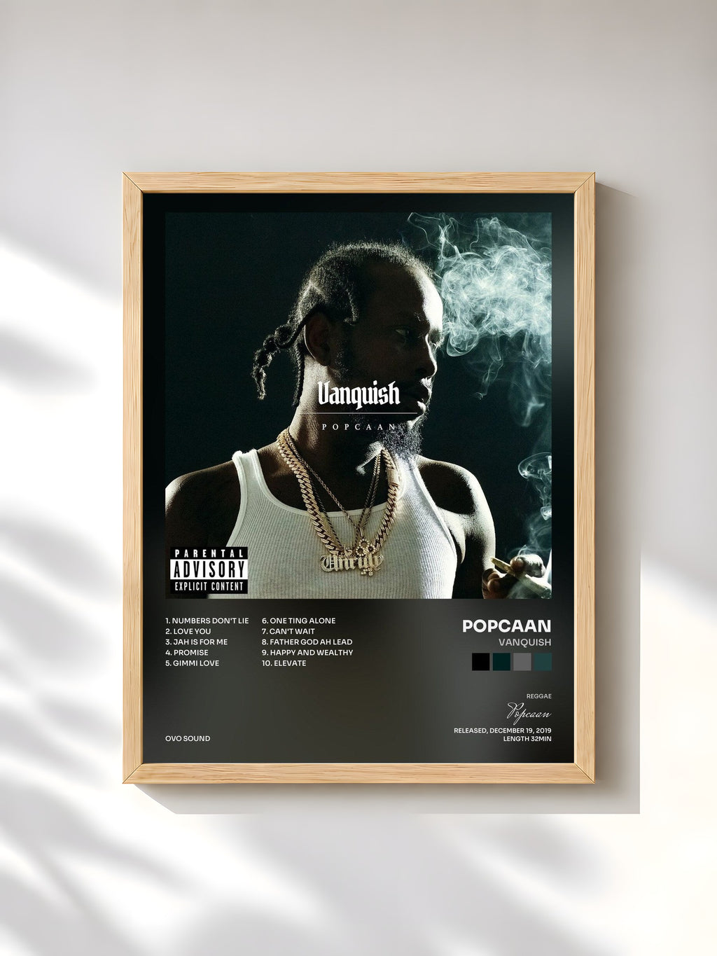 #bois Tableau de l'album Vanquish de Popcaan, cadre en bois brut, imprimé et encadré en France