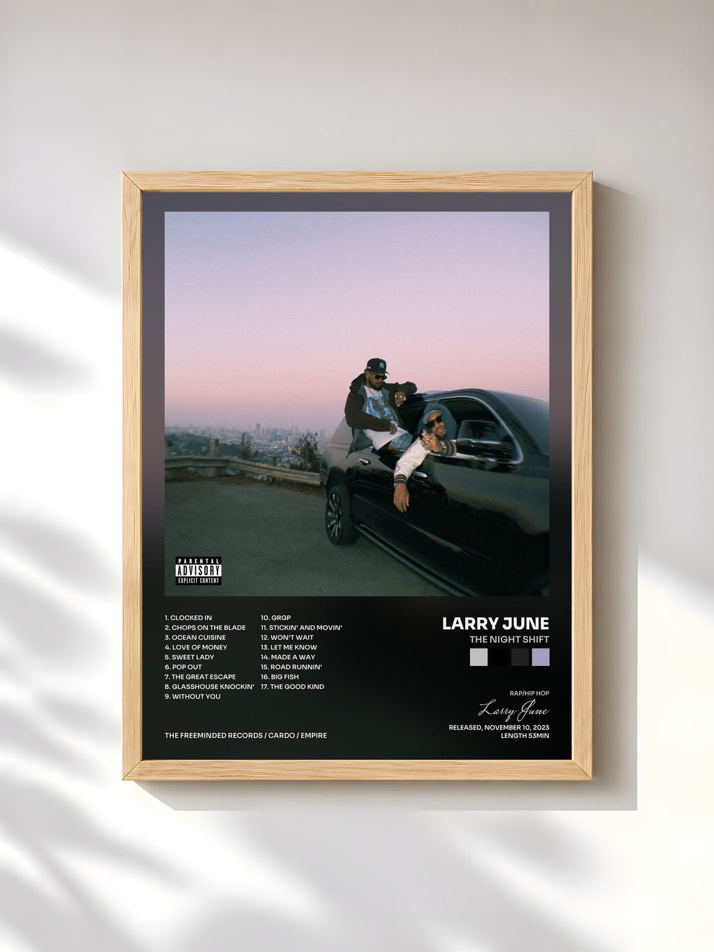 #bois Tableau de l'album The Night Shift de Larry June, cadre en bois brut, imprimé et encadré en France