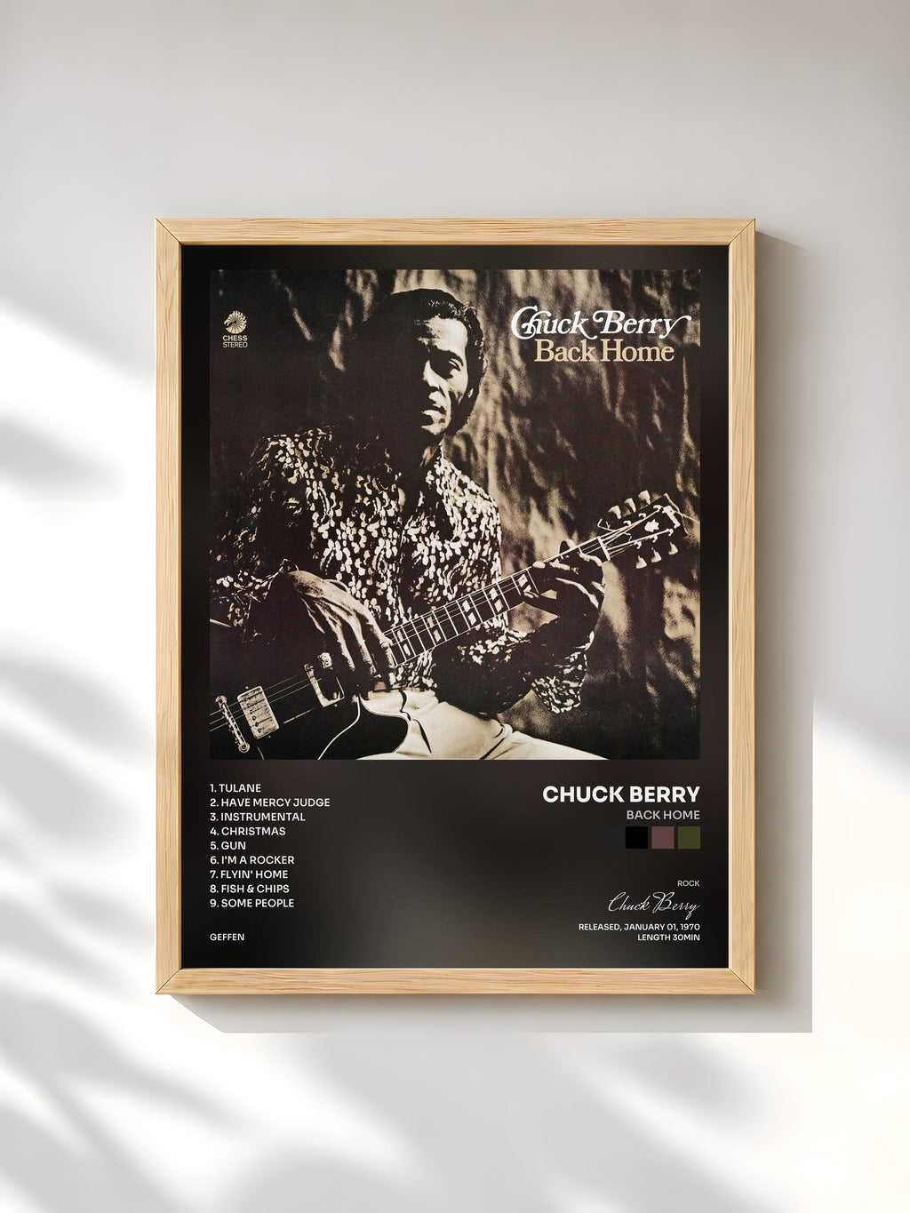 #bois Tableau de l'album Back Home de Chuck Berry, cadre en bois brut, imprimé et encadré en France