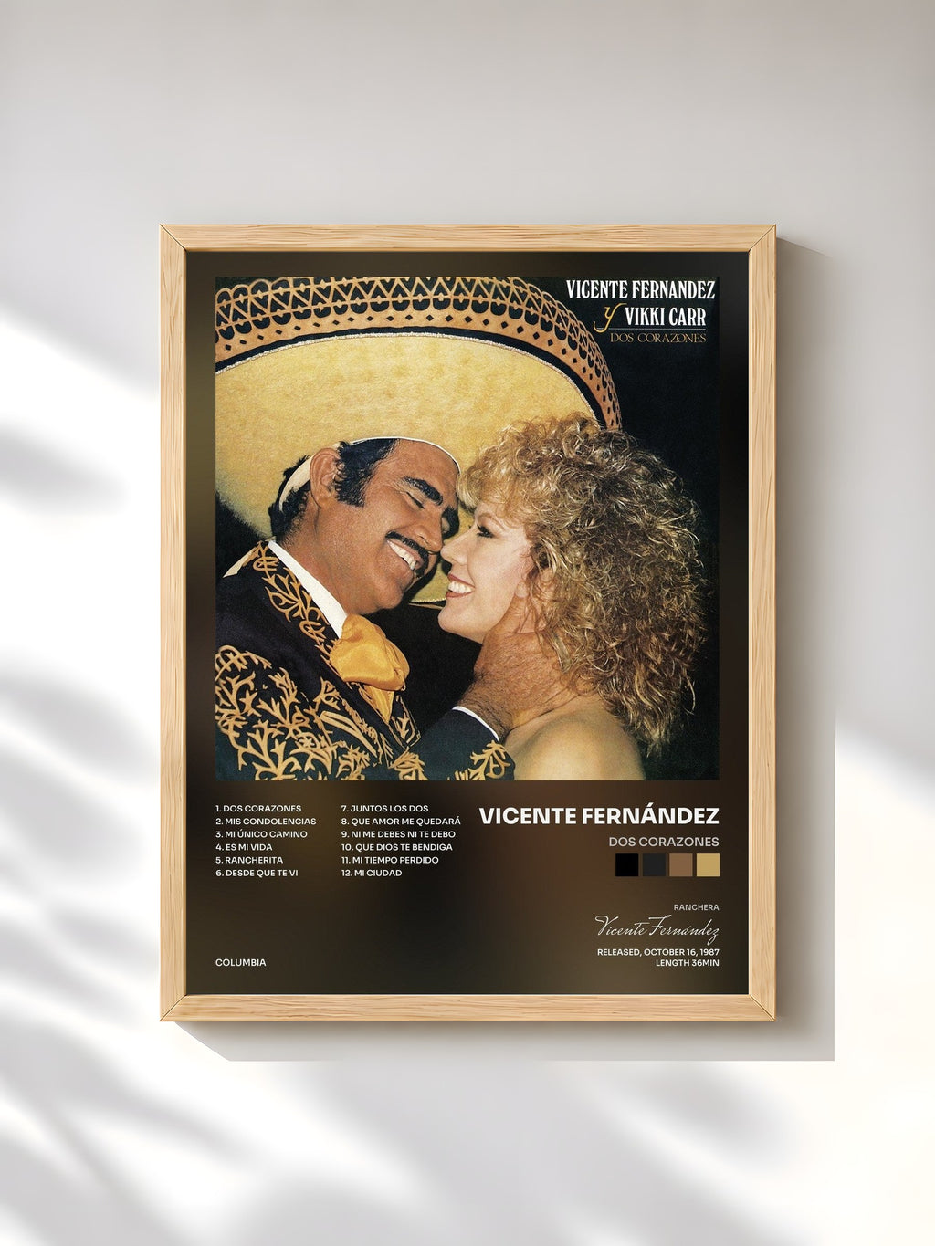 #bois Tableau de l'album Dos Corazones de Vicente Fernández, cadre en bois brut, imprimé et encadré en France