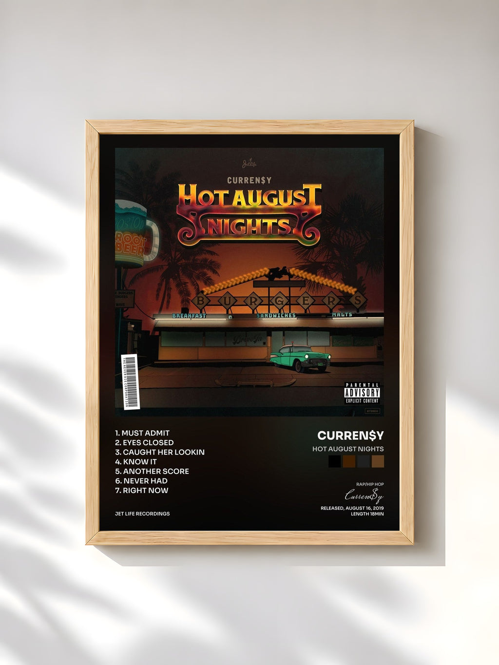 #bois Tableau de l'album Hot August Nights de Curren$y, cadre en bois brut, imprimé et encadré en France