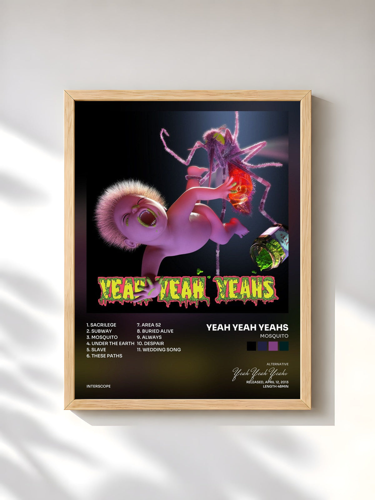 #bois Tableau de l'album Mosquito de Yeah Yeah Yeahs, cadre en bois brut, imprimé et encadré en France