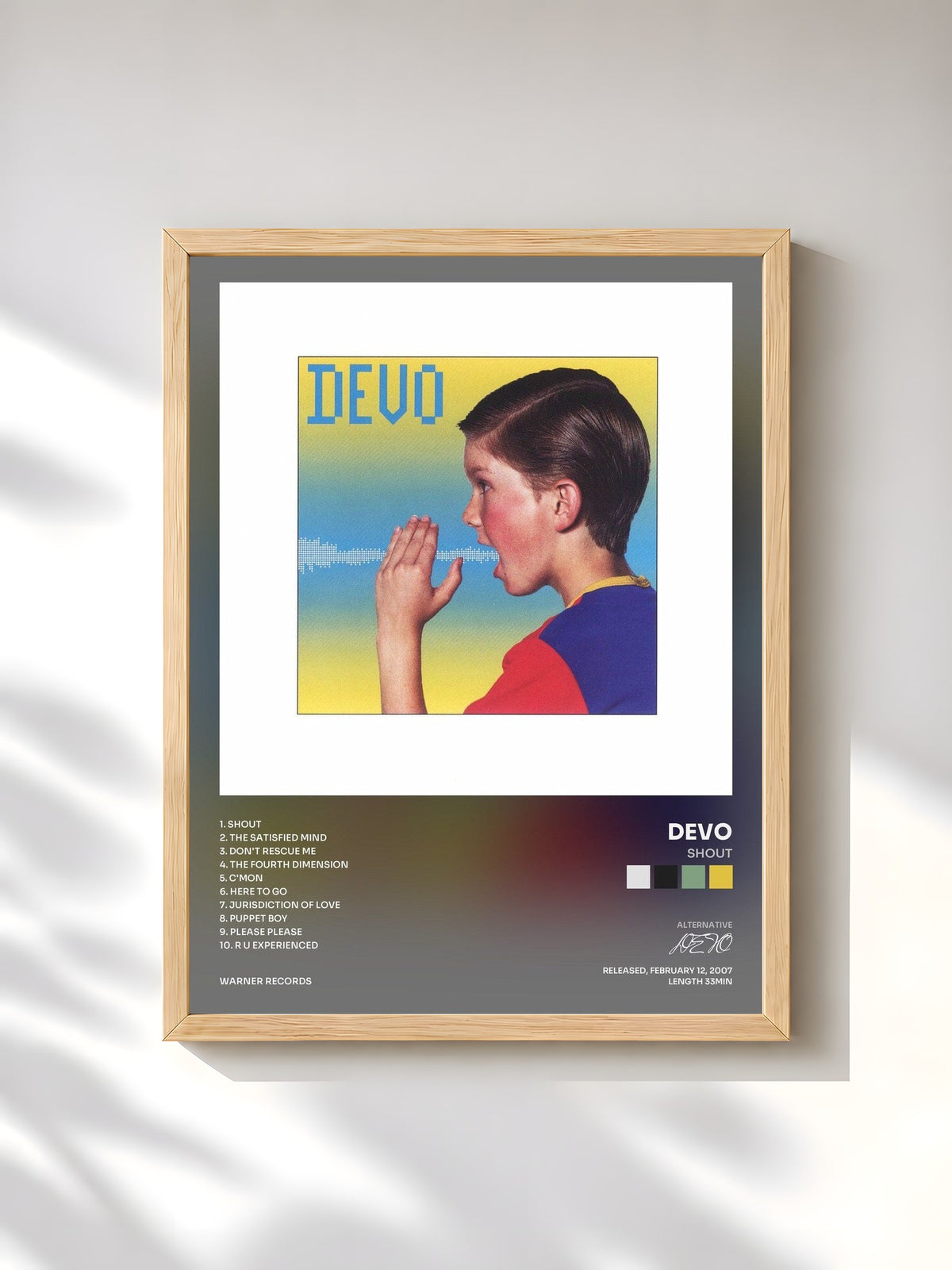 #bois Tableau de l'album Shout de DEVO, cadre en bois brut, imprimé et encadré en France