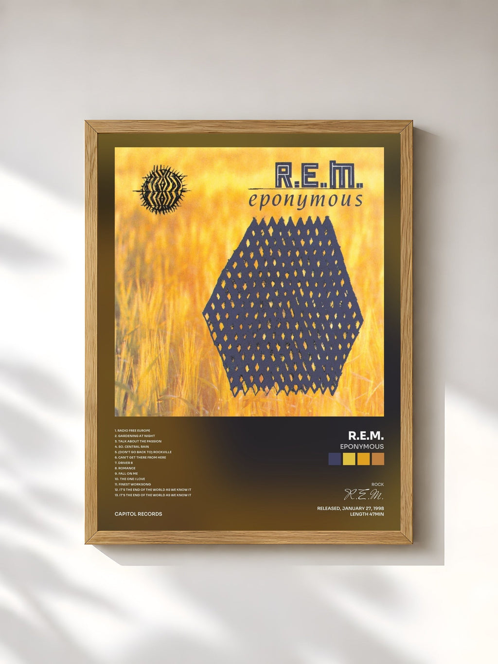 #bois Tableau de l'album Eponymous de R.E.M., cadre en bois brut, imprimé et encadré en France