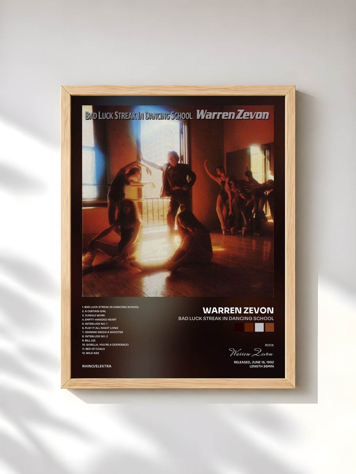 #bois Tableau de l'album Bad Luck Streak in Dancing School de Warren Zevon, cadre en bois brut, imprimé et encadré en France