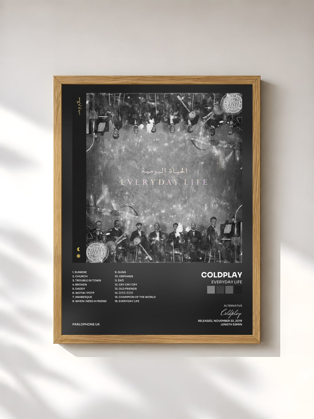 #bois Tableau de l'album Everyday Life de Coldplay, cadre en bois brut, imprimé et encadré en France