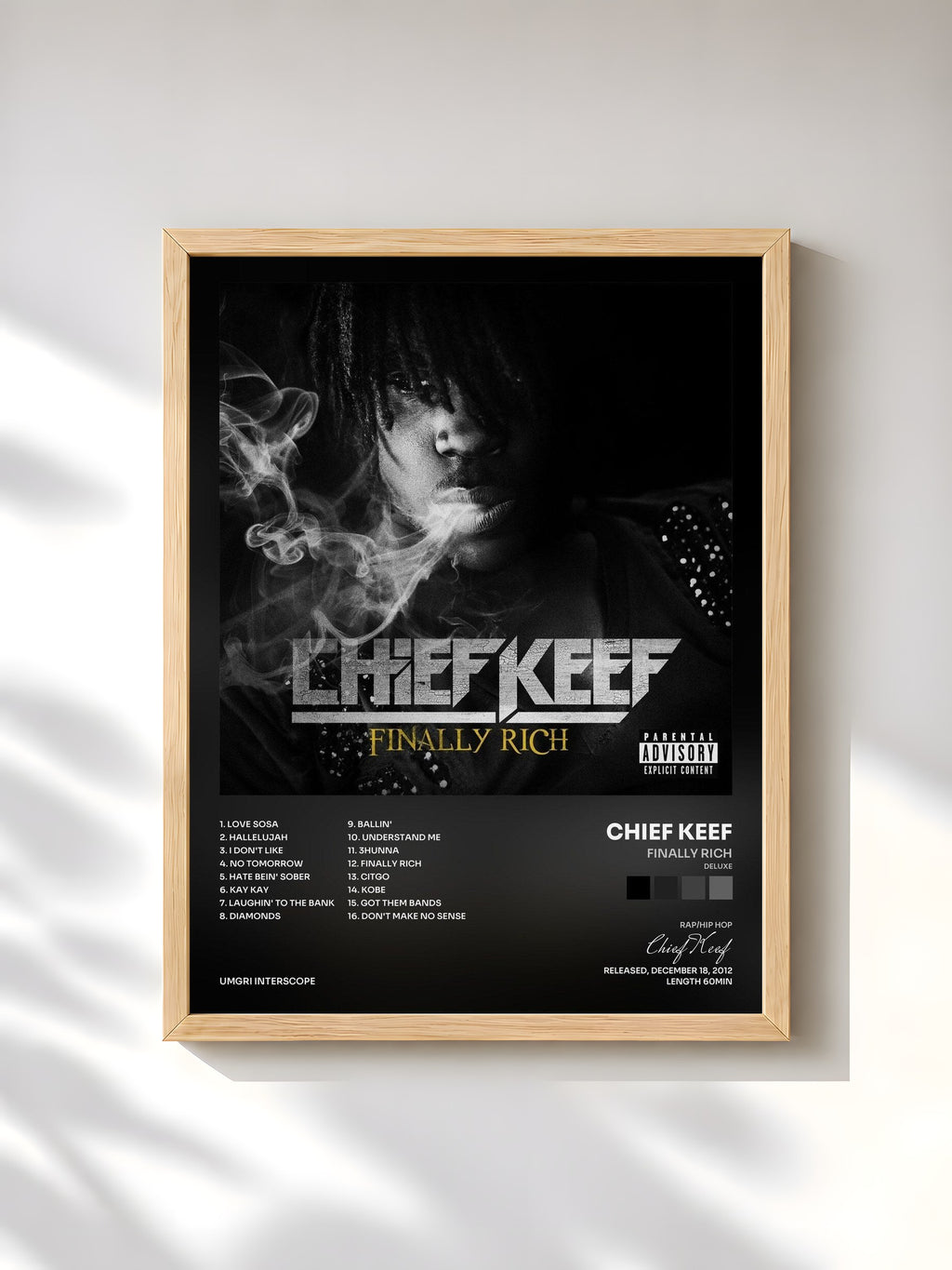 #bois Tableau de l'album Finally Rich (Deluxe) de Chief Keef, cadre en bois brut, imprimé et encadré en France