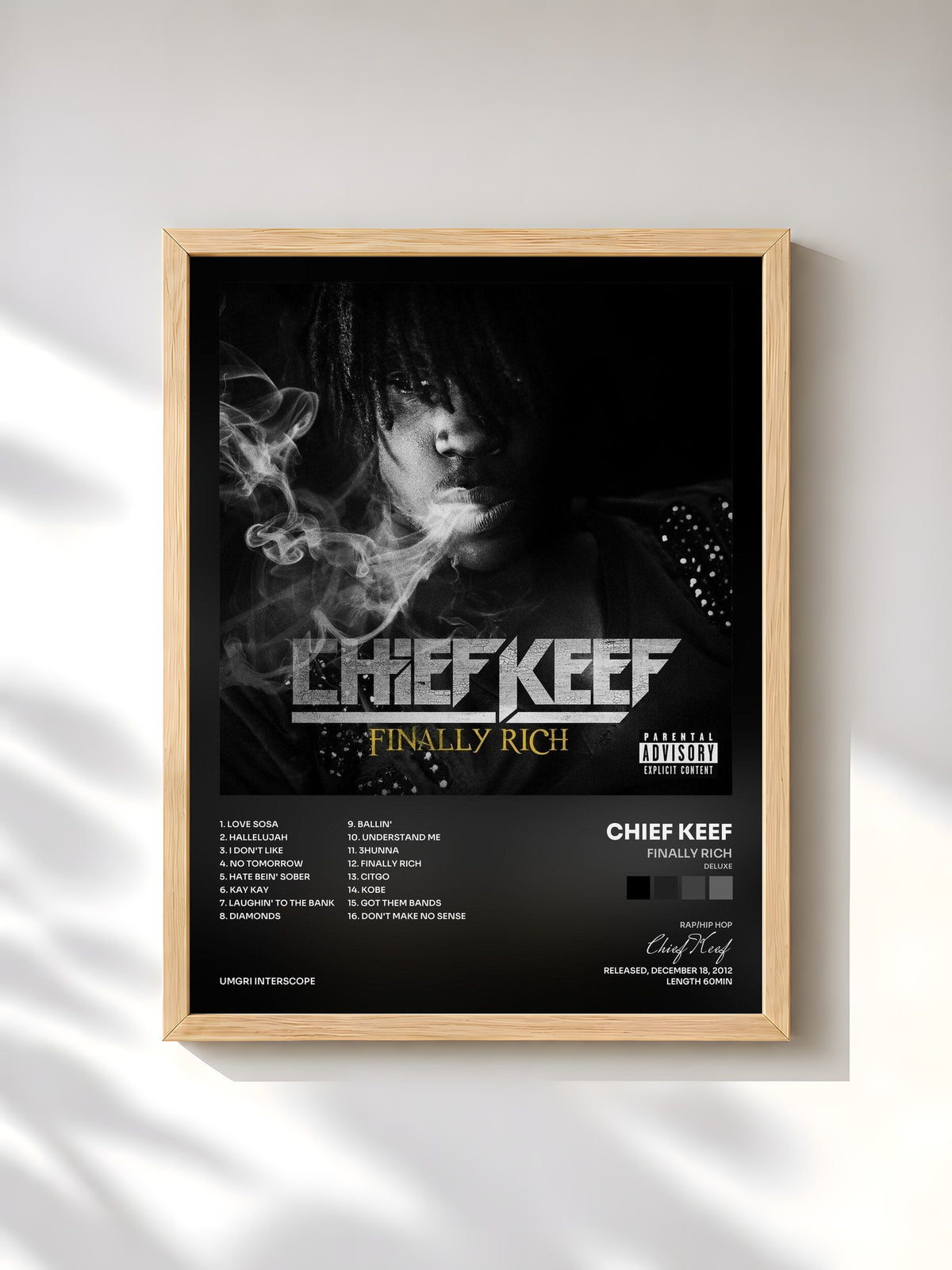 #bois Tableau de l'album Finally Rich (Deluxe) de Chief Keef, cadre en bois brut, imprimé et encadré en France
