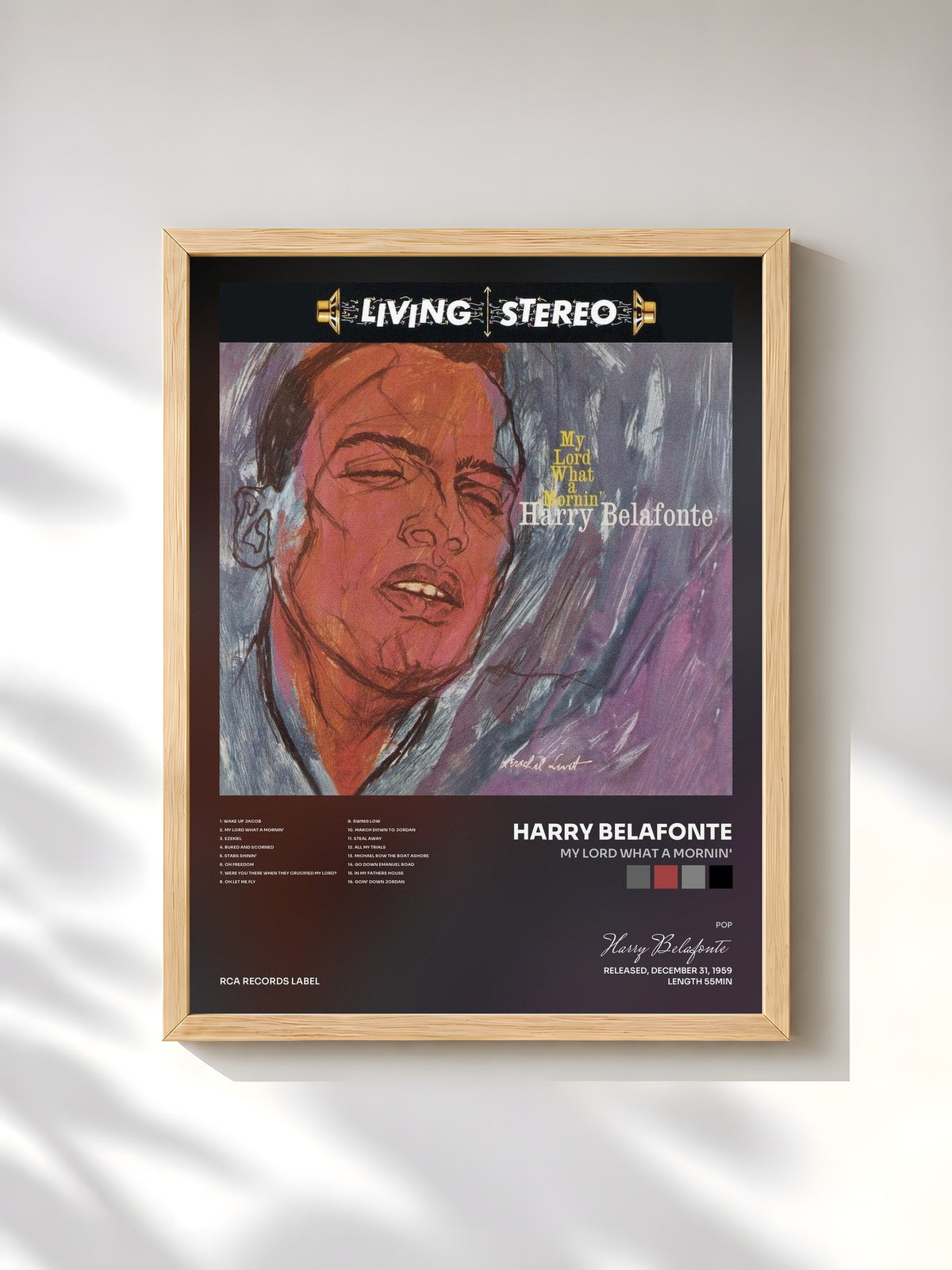 #bois Tableau de l'album My Lord What A Mornin' de Harry Belafonte, cadre en bois brut, imprimé et encadré en France