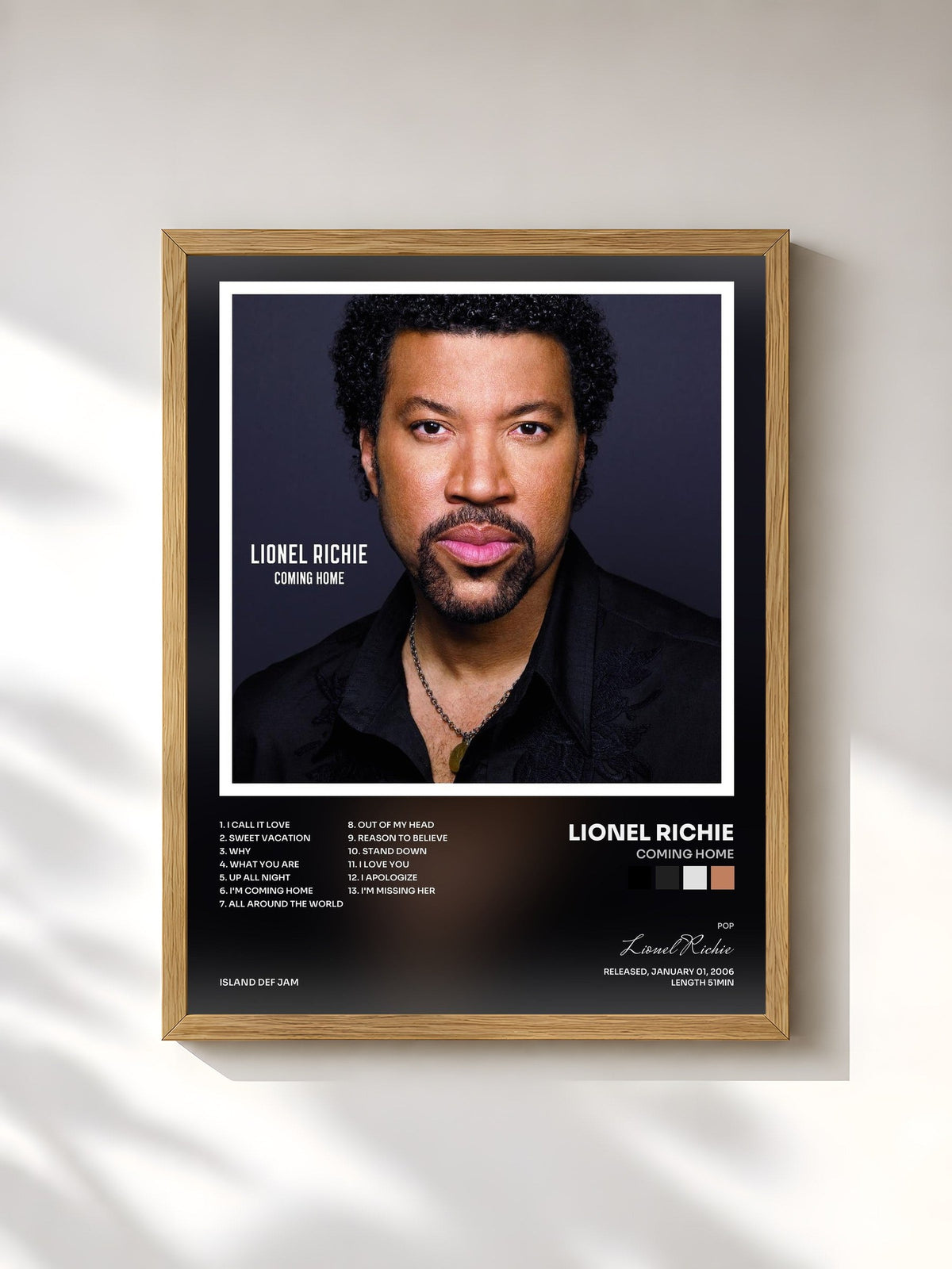 #bois Tableau de l'album Coming Home de Lionel Richie, cadre en bois brut, imprimé et encadré en France